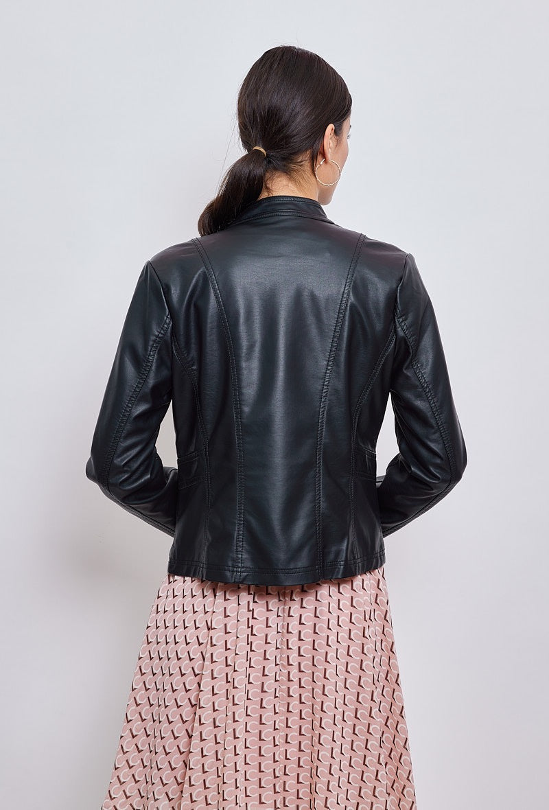 Faux leather jacket with stand-up collar