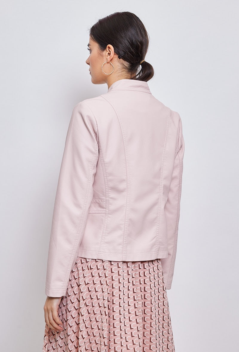 Faux leather jacket with stand-up collar