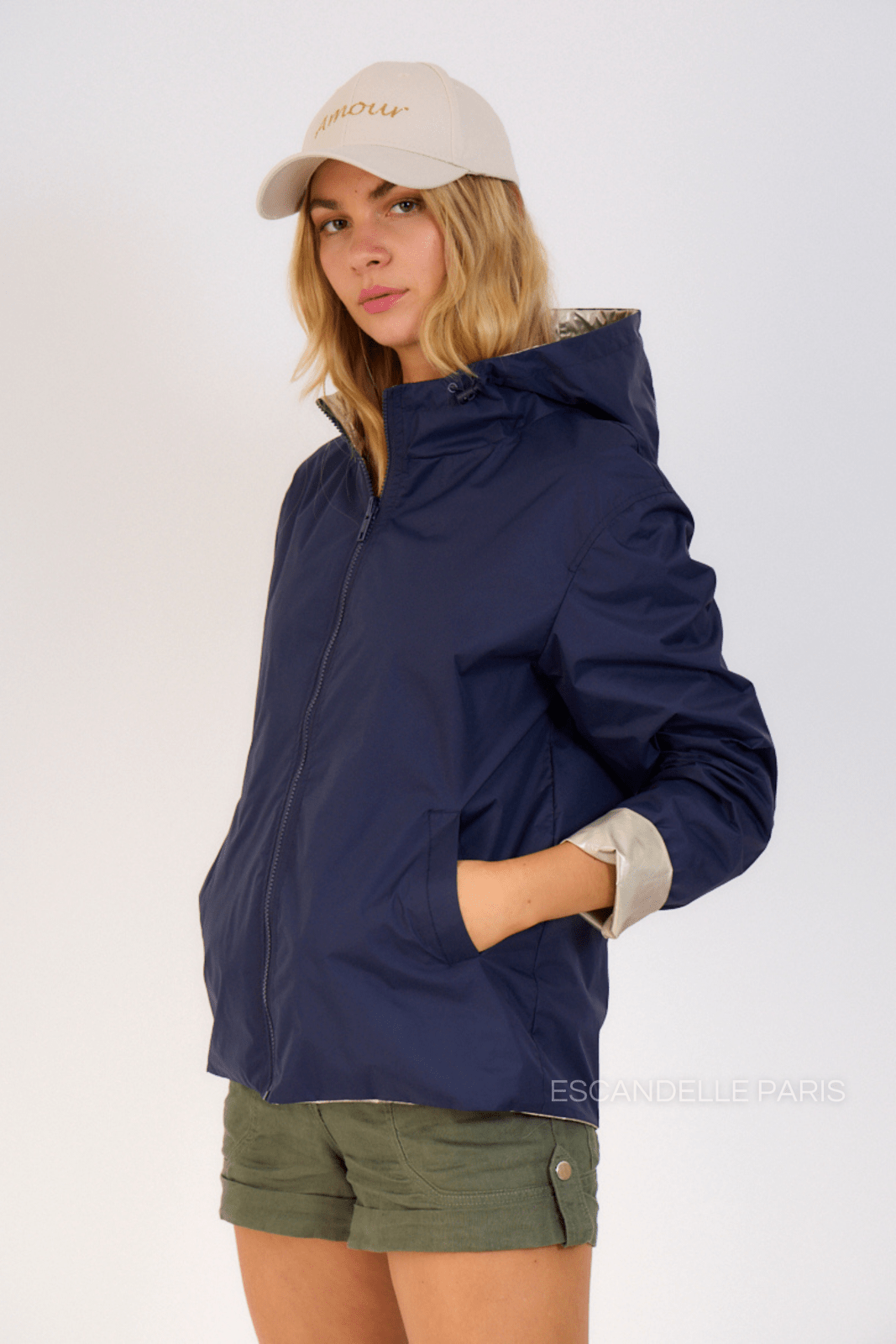 APRIL - Parka Marine - Escandelle (Vue de face - portrait - parka imperméable réversible côté marine)
#couleur_navy