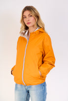 Parka courte à capuche et poches, réversible Orange/Or zip blanc.