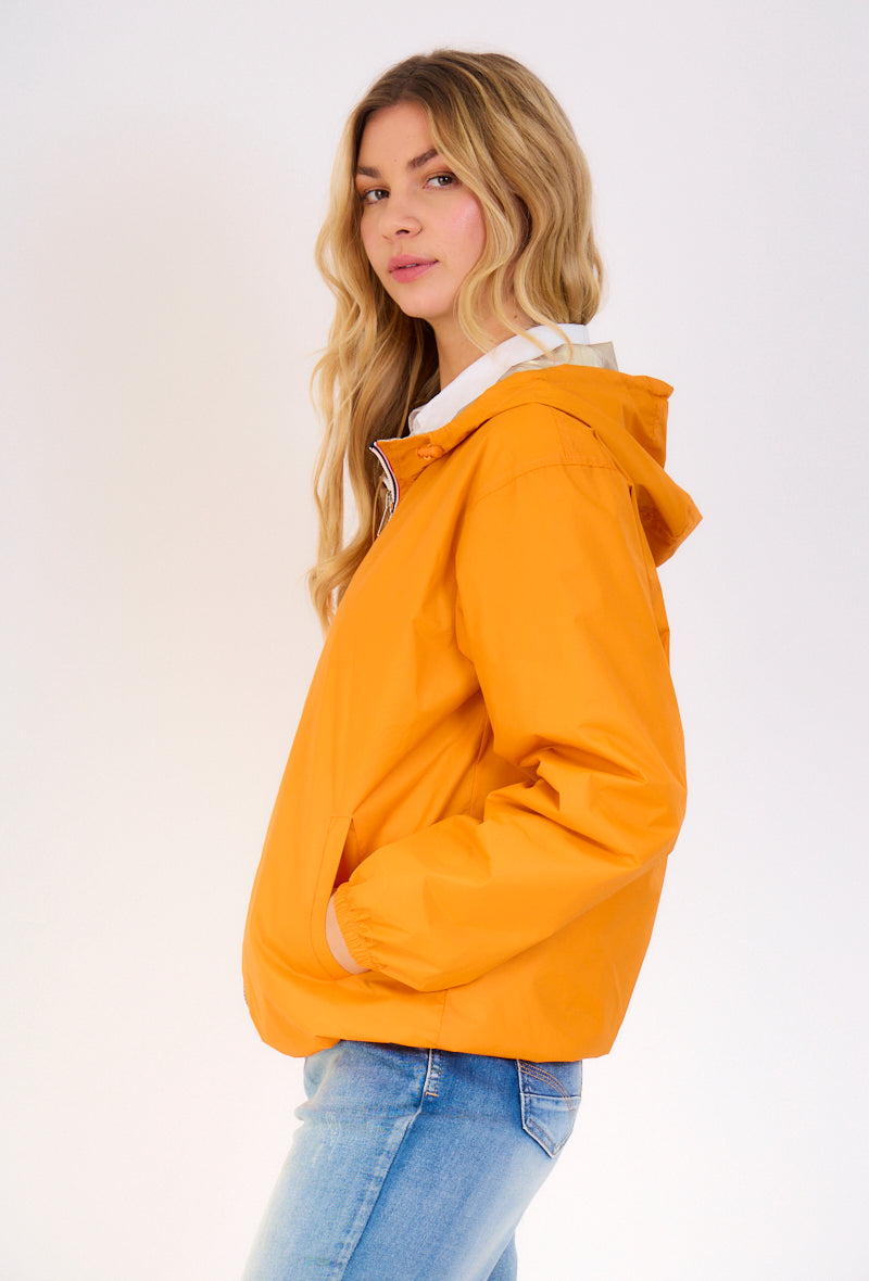 Parka courte à capuche et poches, réversible Orange/Or zip blanc. Côté