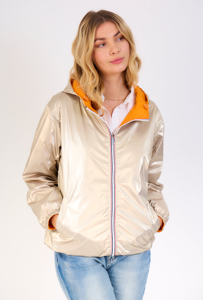 Parka courte à capuche et poches, réversible Orange/Or zip blanc.