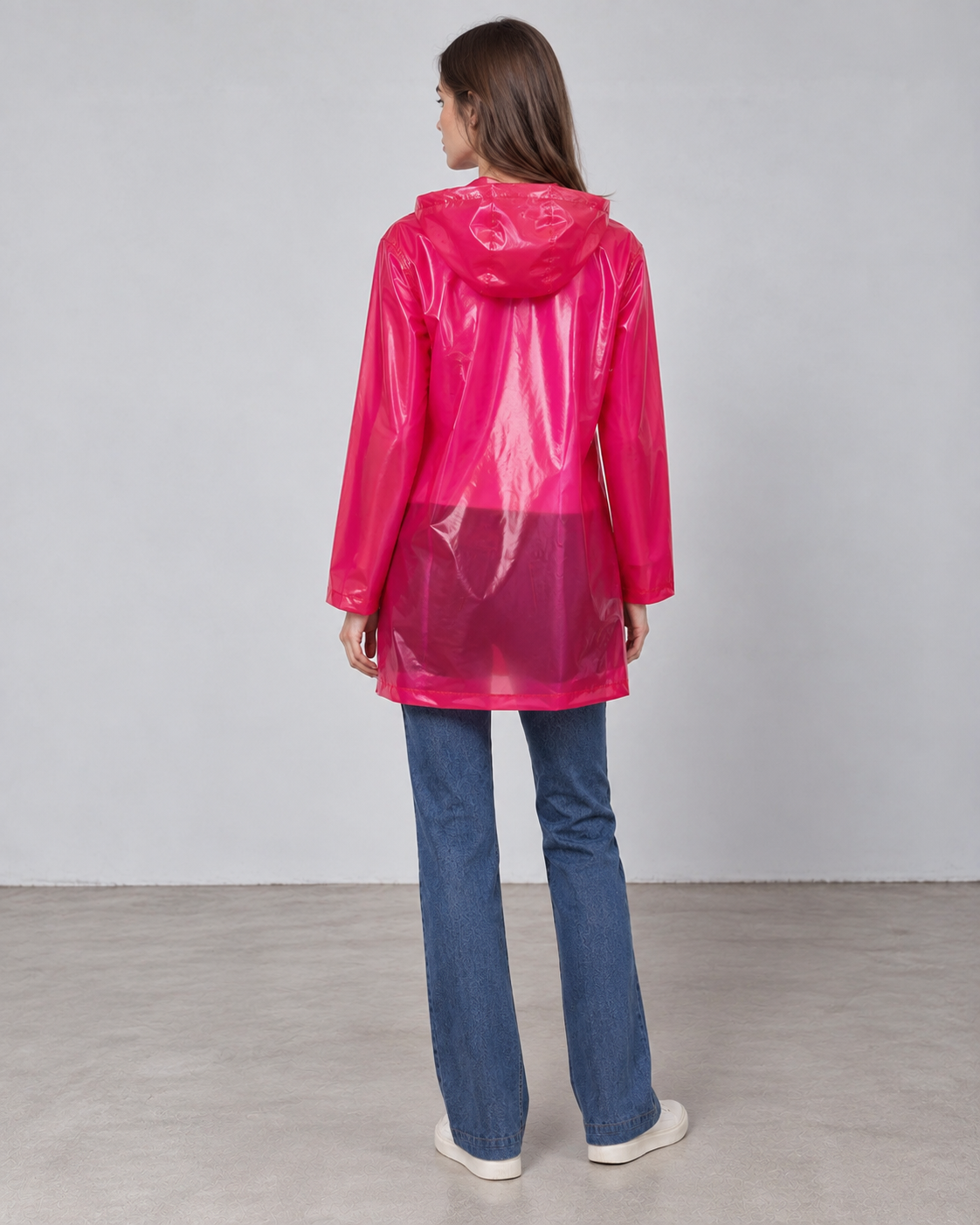 AURA imperméable long semi-transparent à capuche zip tricolore fuchsia femme - Escandelle Paris (dos silhouette entière)
#couleur_fuchsia