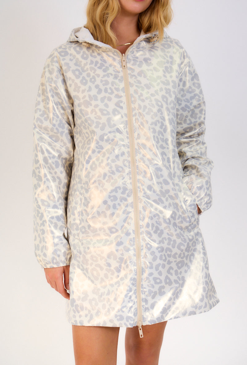 Manteau réversible style ciré mode zoom devant motifs léopard