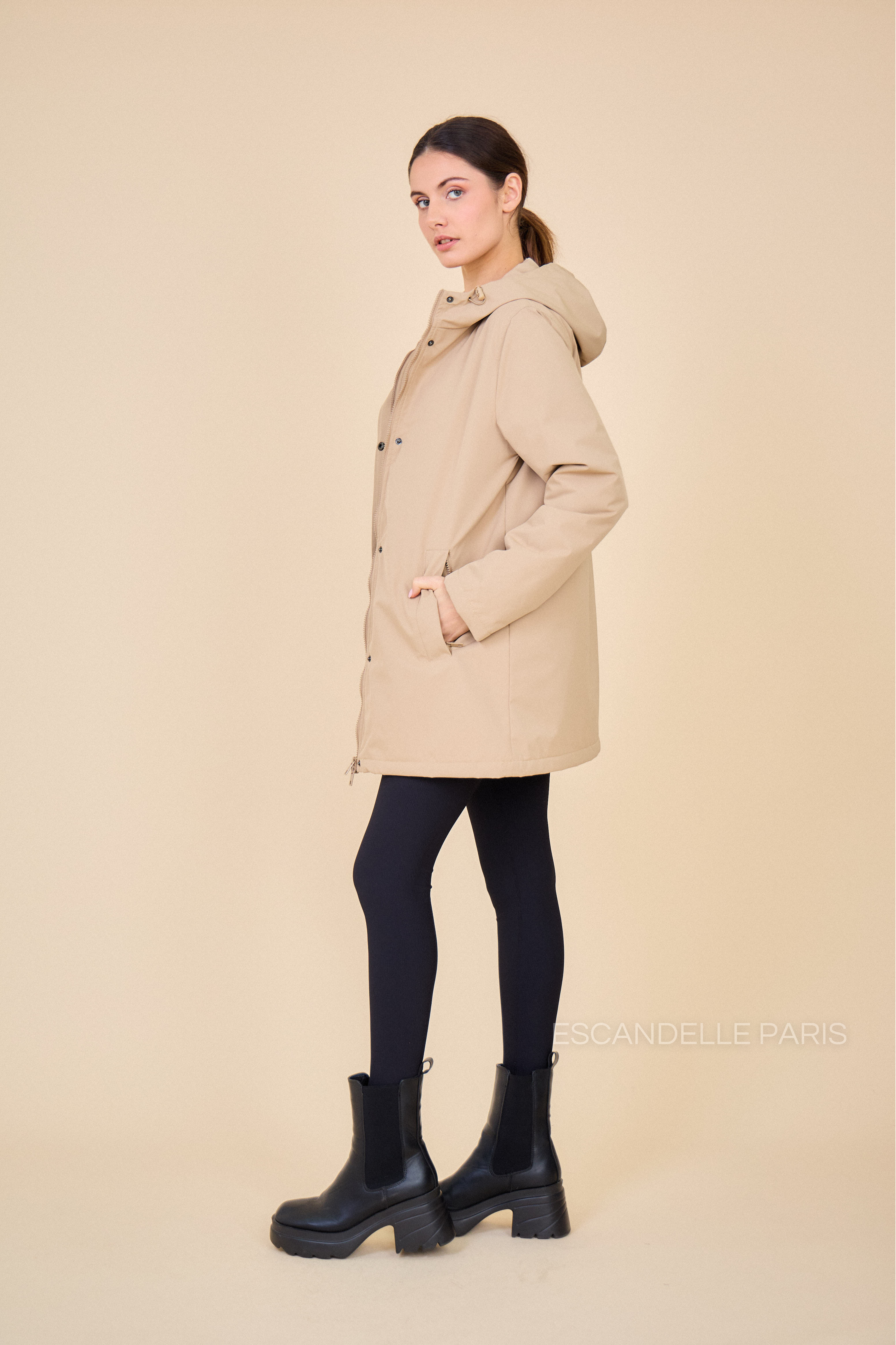 Gabardine INES beige doublée mi-longue imperméable, intérieur matelassé 