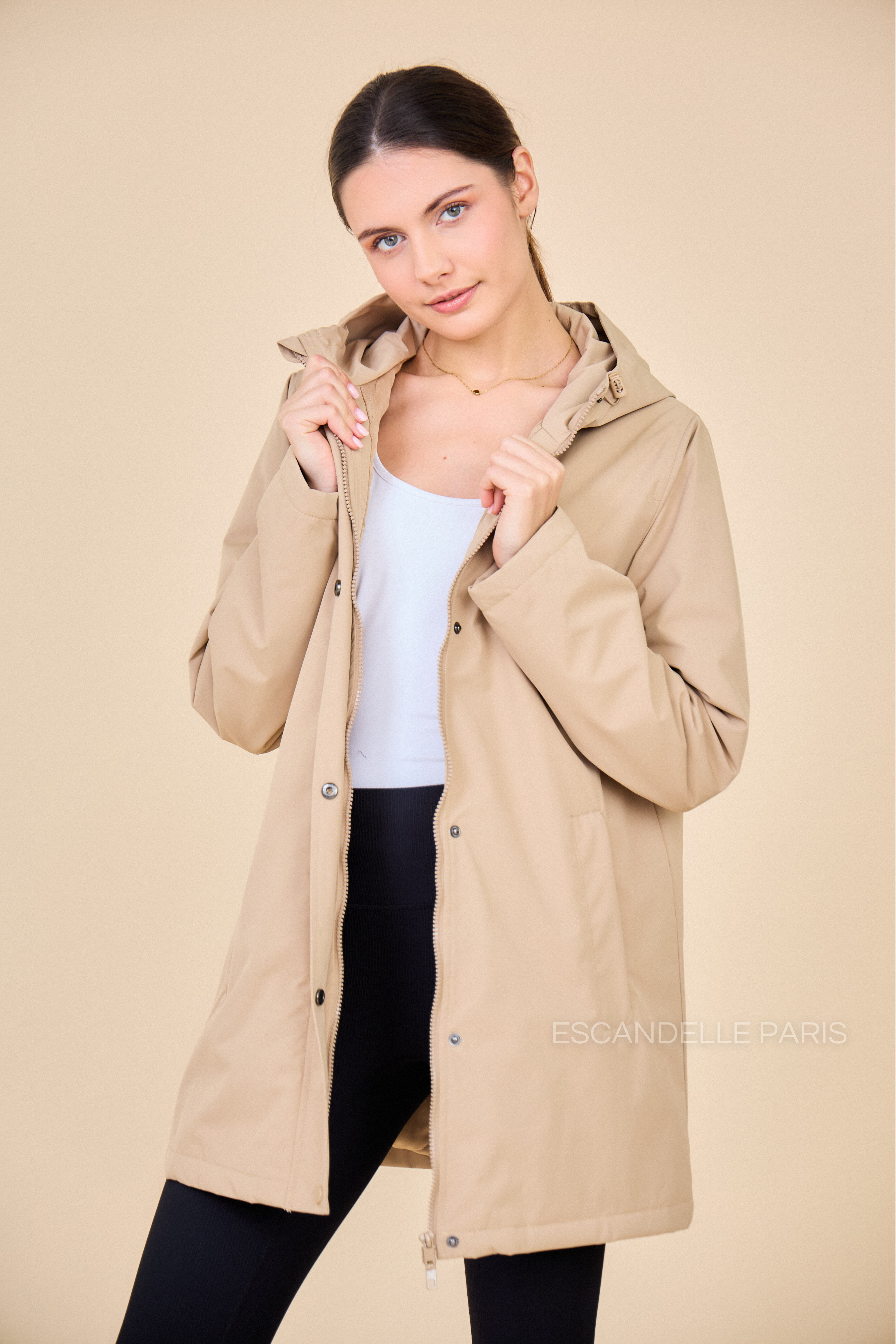 Gabardine INES beige doublée mi-longue imperméable, intérieur matelassé 