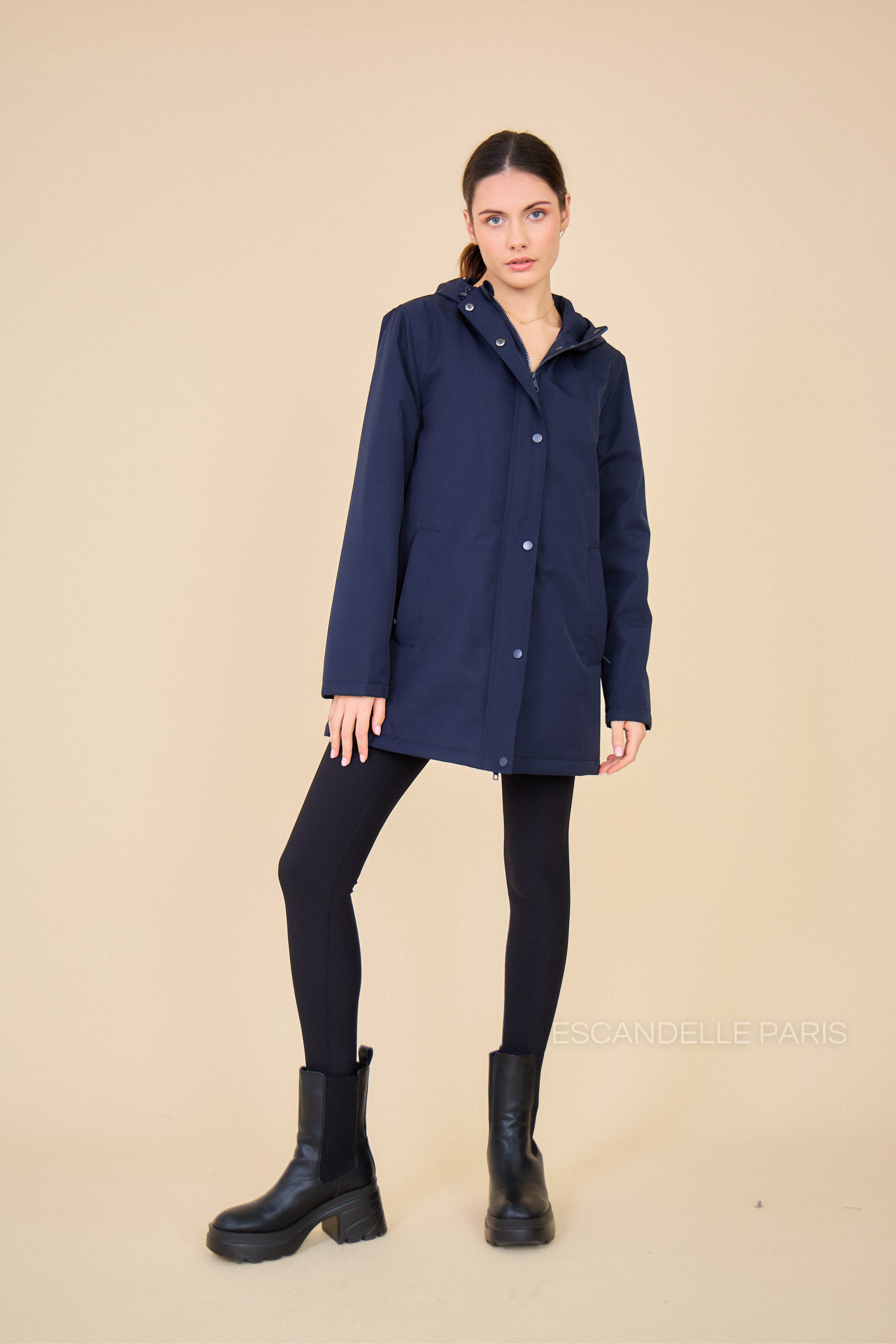 Gabardine INES marine doublée mi-longue imperméable, intérieur matelassé