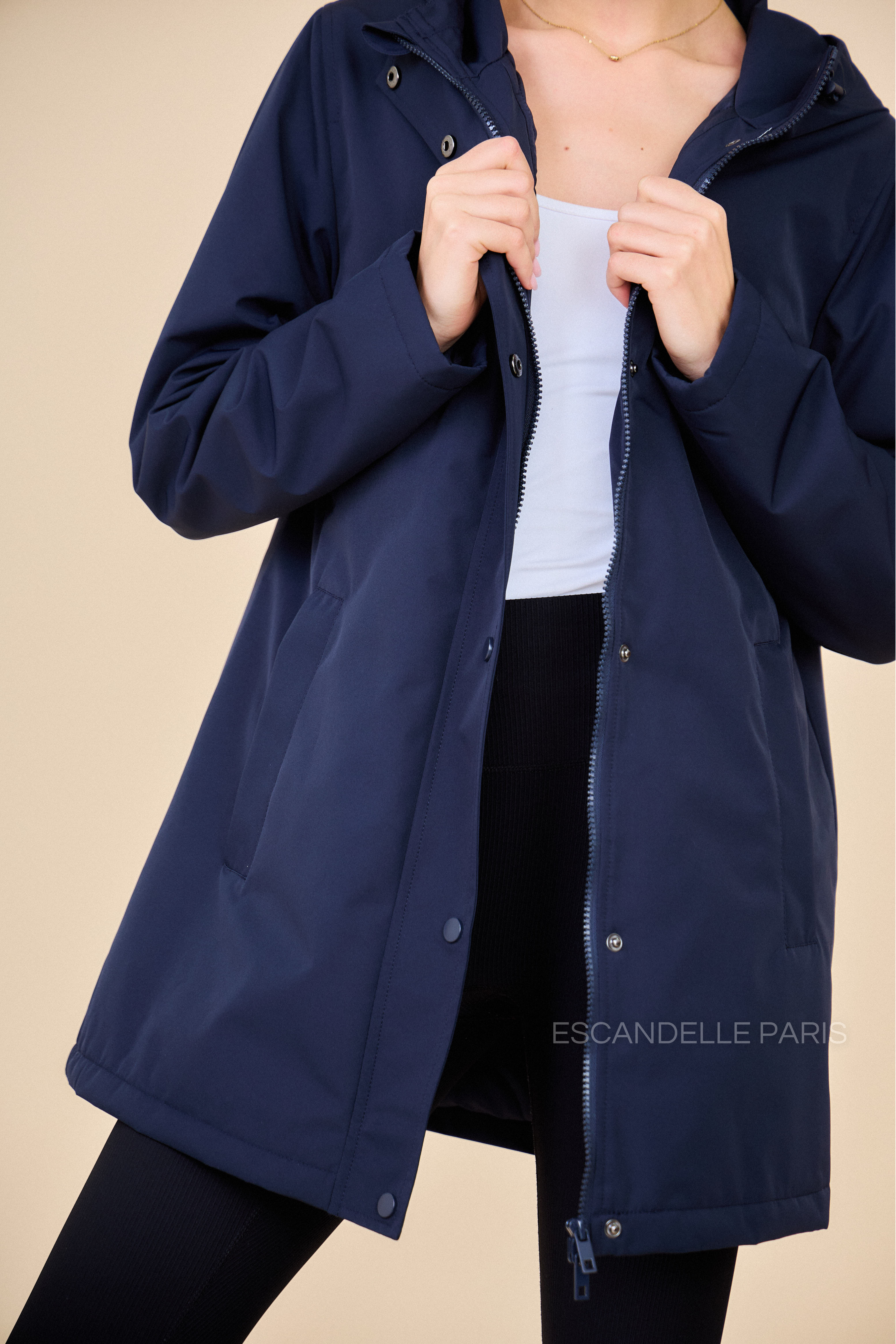 Gabardine INES marine doublée mi-longue imperméable, intérieur matelassé 