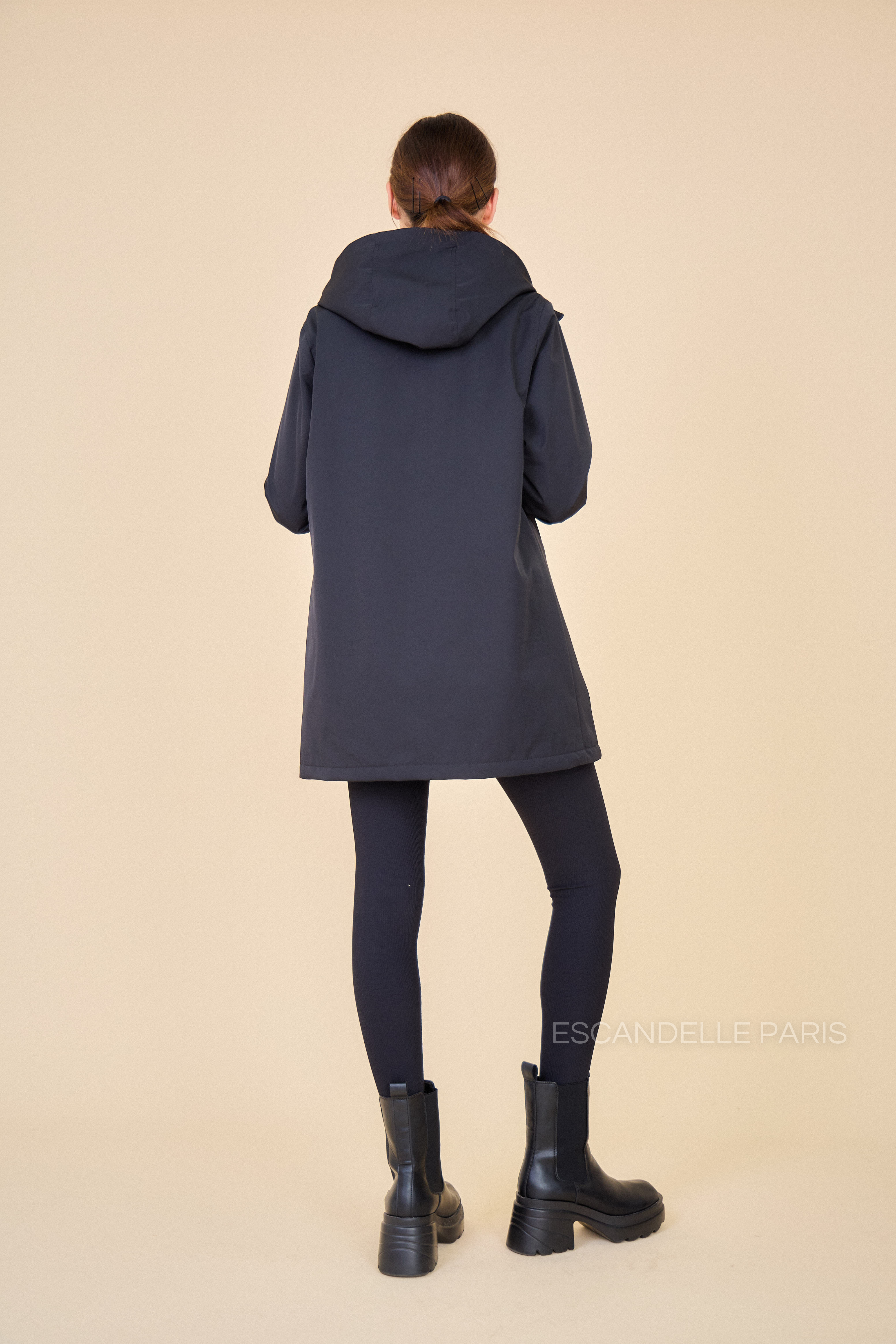 Gabardine INES noir doublée mi-longue imperméable, intérieur matelassé 