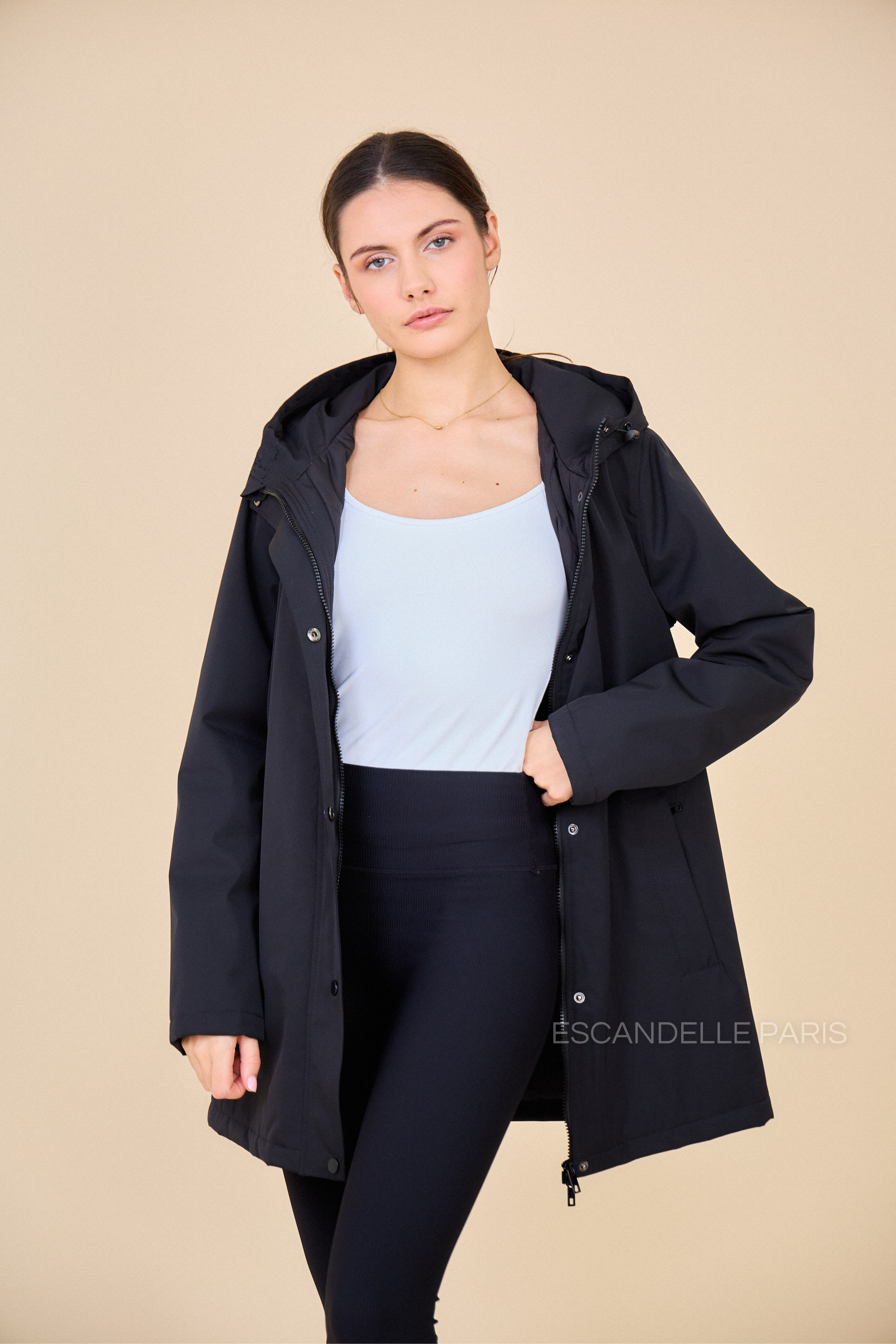 Gabardine INES noir doublée mi-longue imperméable, intérieur matelassé 