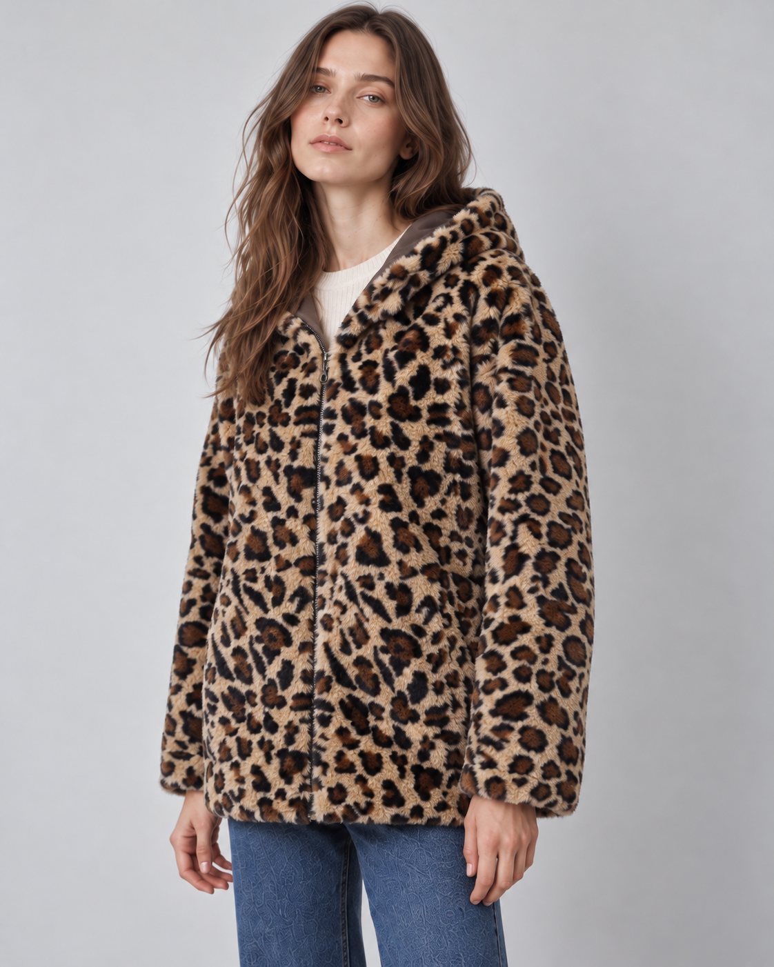 ELISA parka courte réversible coton déperlant fausse fourrure léopard capuche choco femme - Escandelle Paris (silhouette côté léopard)
#couleur_choco