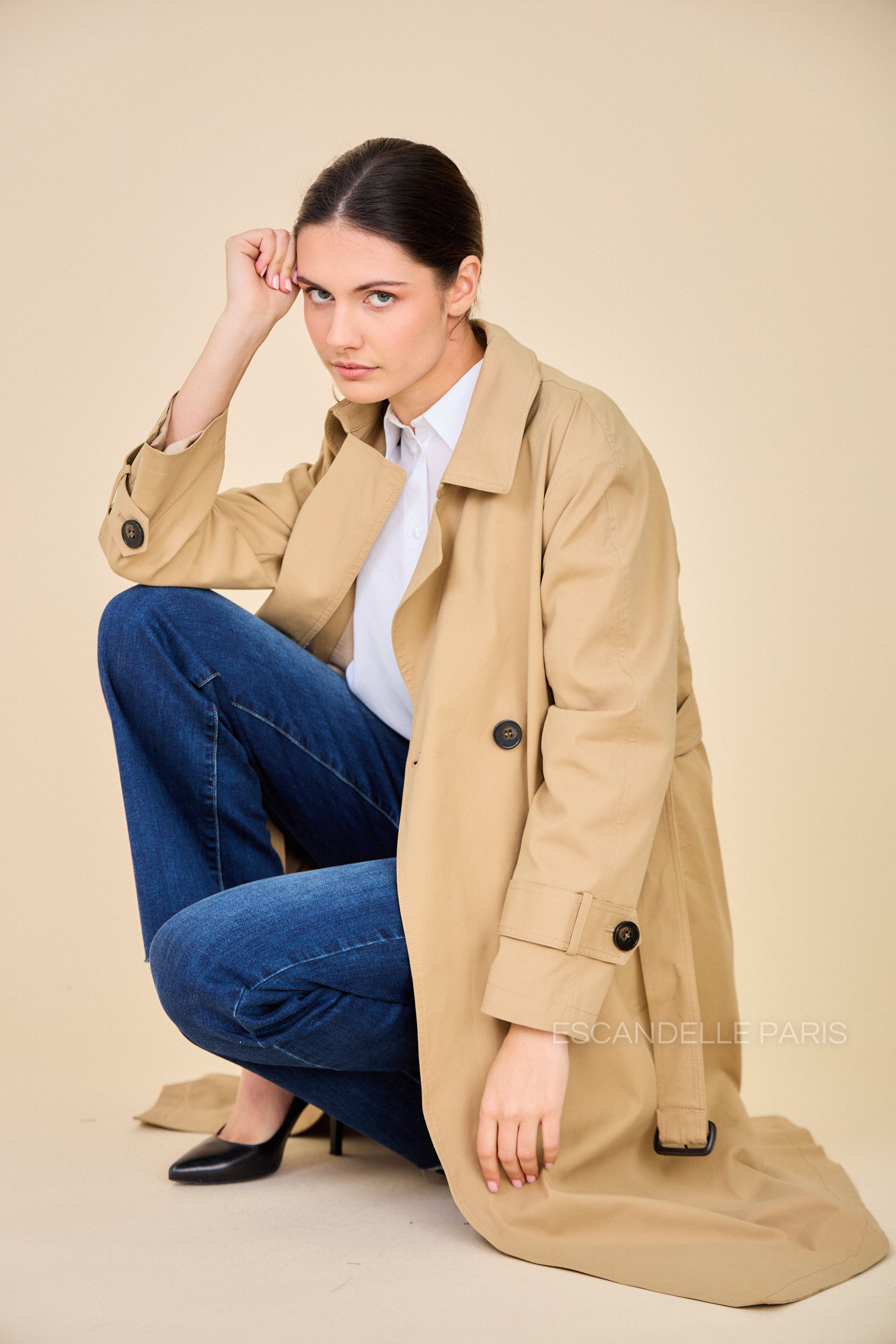 Trench long DAPHNÉ déperlant avec ceinture beige