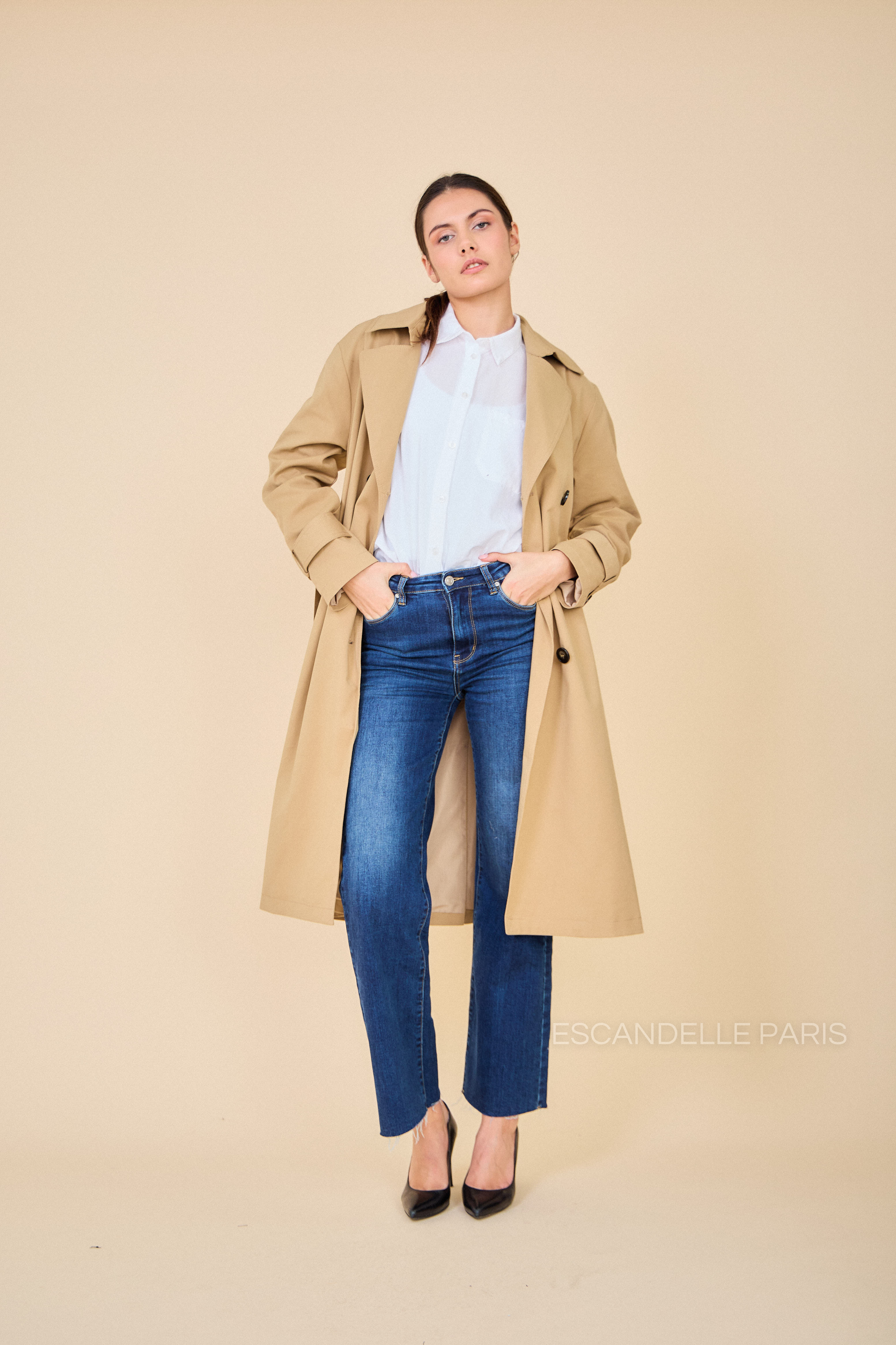 Trench long DAPHNÉ déperlant avec ceinture beige