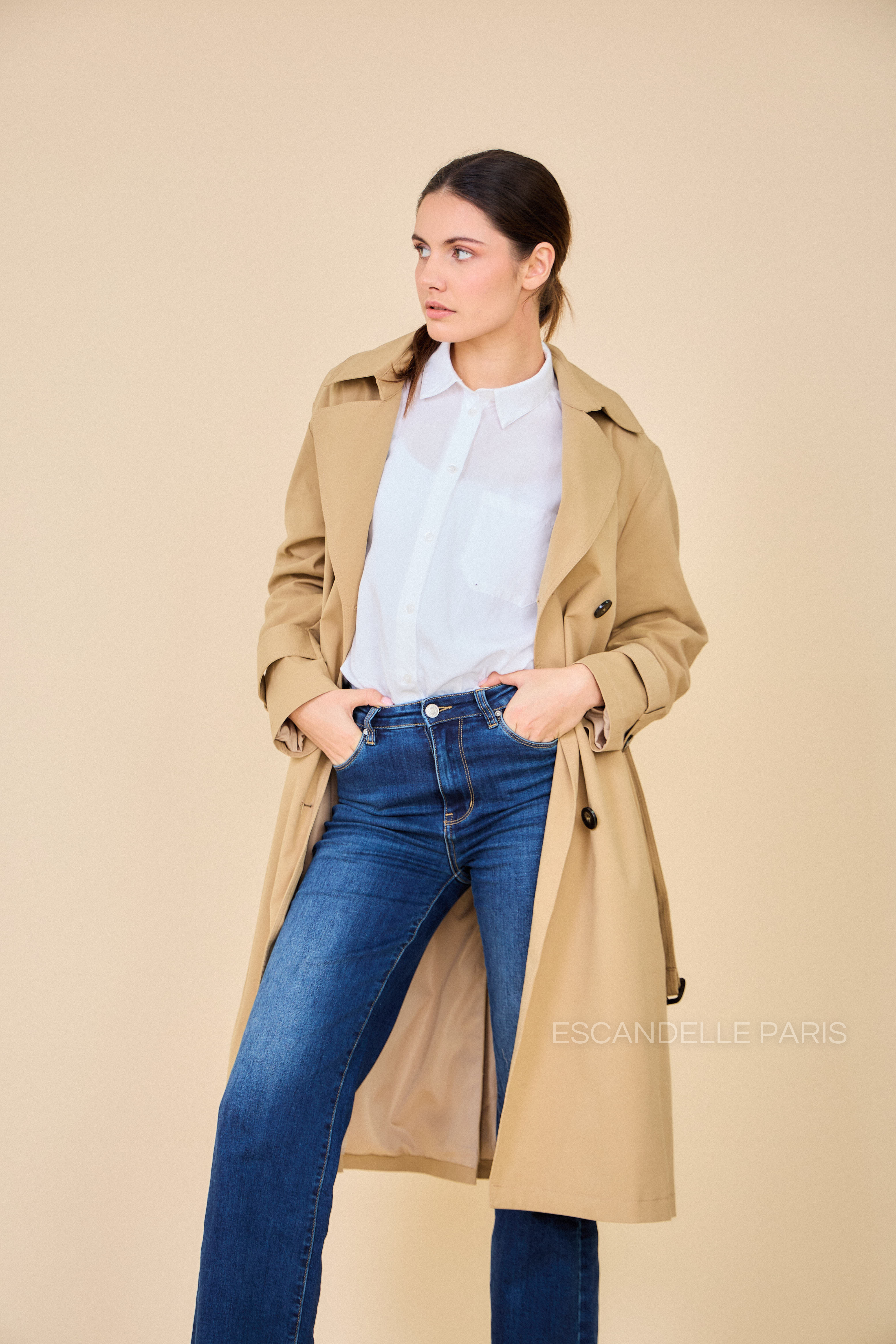 Trench long DAPHNÉ déperlant avec ceinture beige