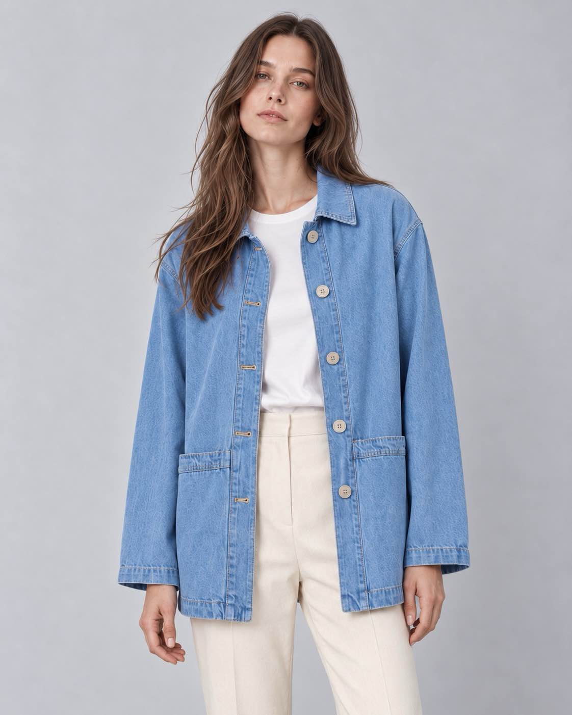 GABRIEL veste mi-longue denim oversize col chemise poches bleu clair femme - Escandelle Paris (silhouette entière)
#couleur_bleuclair