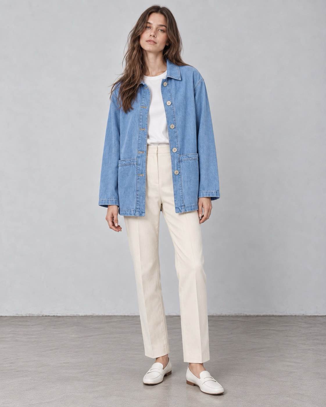 GABRIEL veste mi-longue denim oversize col chemise poches bleu clair femme - Escandelle Paris (dos)
#couleur_bleuclair