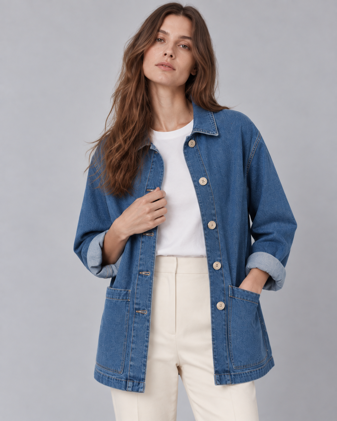 GABRIEL veste mi-longue denim oversize col chemise poches bleu jean femme - Escandelle Paris (silhouette entière)
#couleur_bleujean