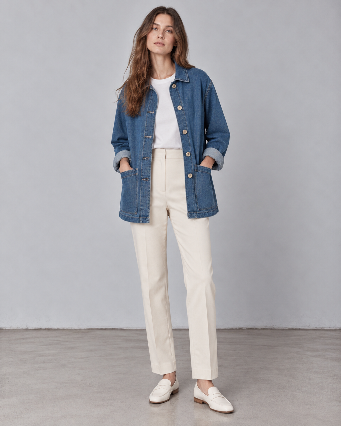 GABRIEL veste mi-longue denim oversize col chemise poches bleu jean femme - Escandelle Paris (portrait)
#couleur_bleujean