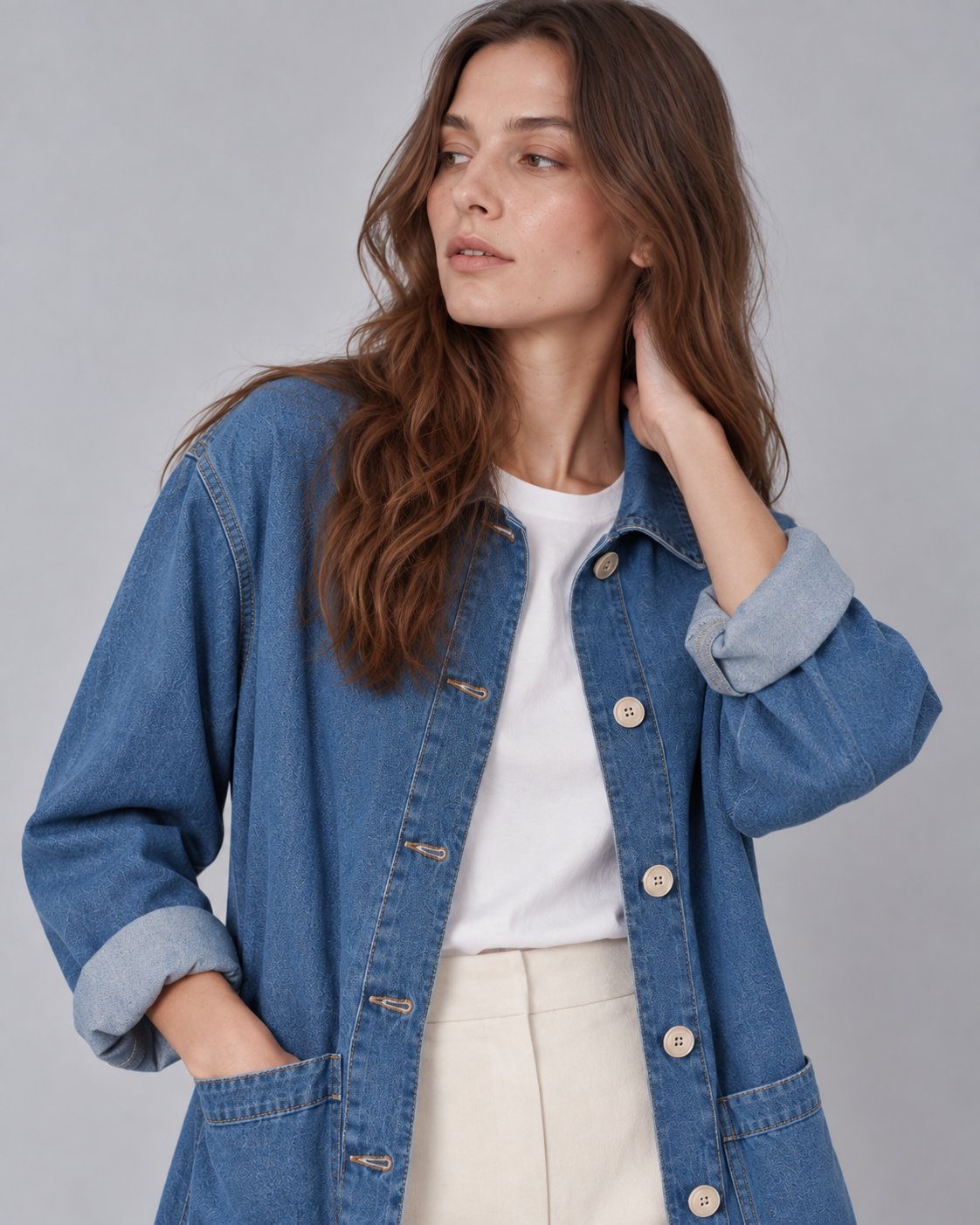 GABRIEL veste mi-longue denim oversize col chemise poches bleu jean femme - Escandelle Paris (gros plan détails matière)
#couleur_bleujean