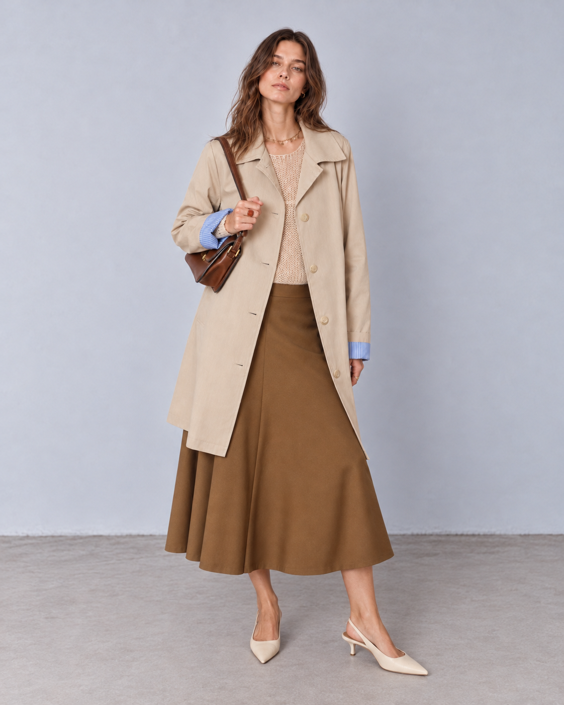 CAMILLE trench long coton déperlant coupe droite col tailleur beige femme - Escandelle Paris (silhouette entière)
#couleur_beige