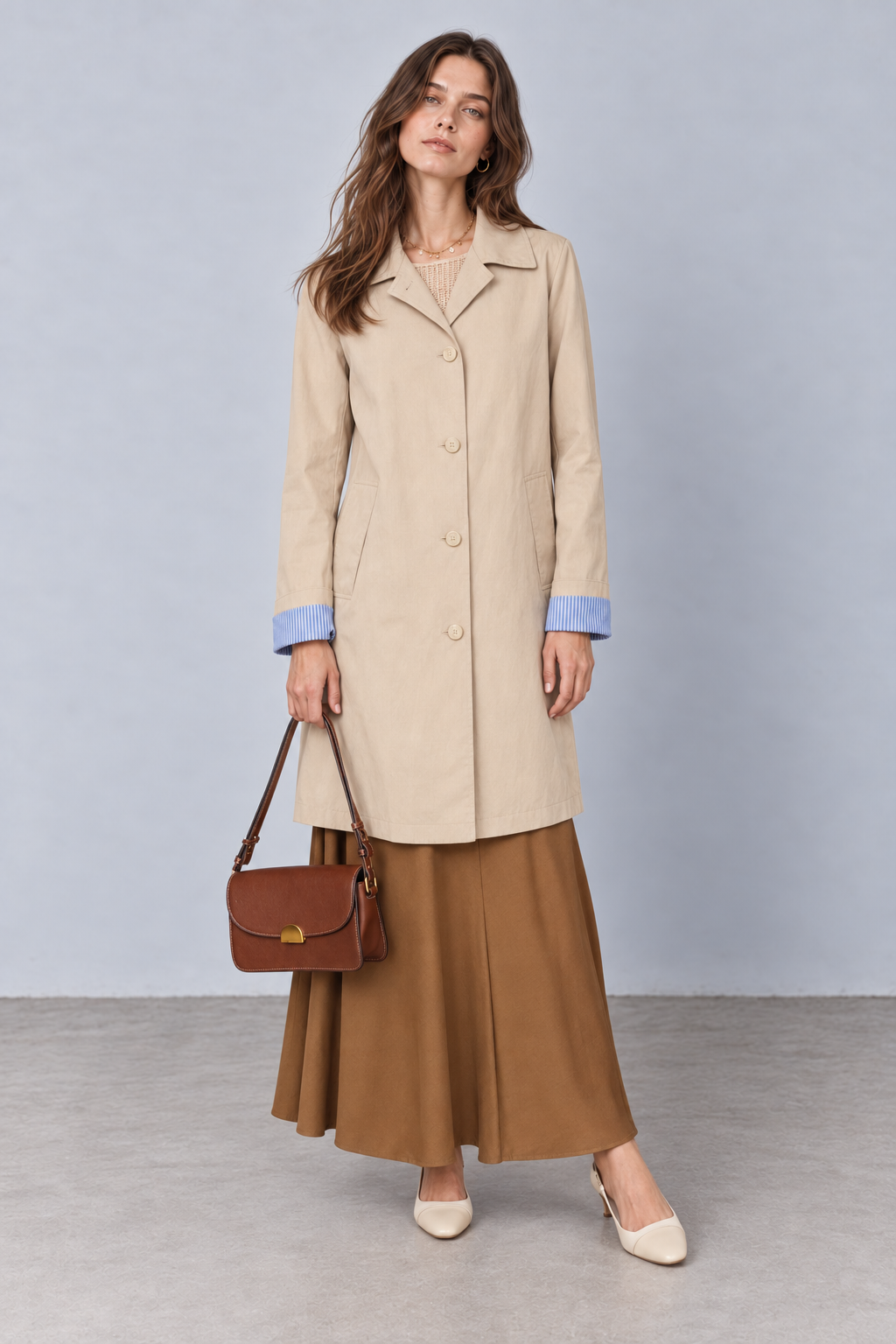 CAMILLE trench long coton déperlant coupe droite col tailleur beige femme - Escandelle Paris (portrait)
#couleur_beige