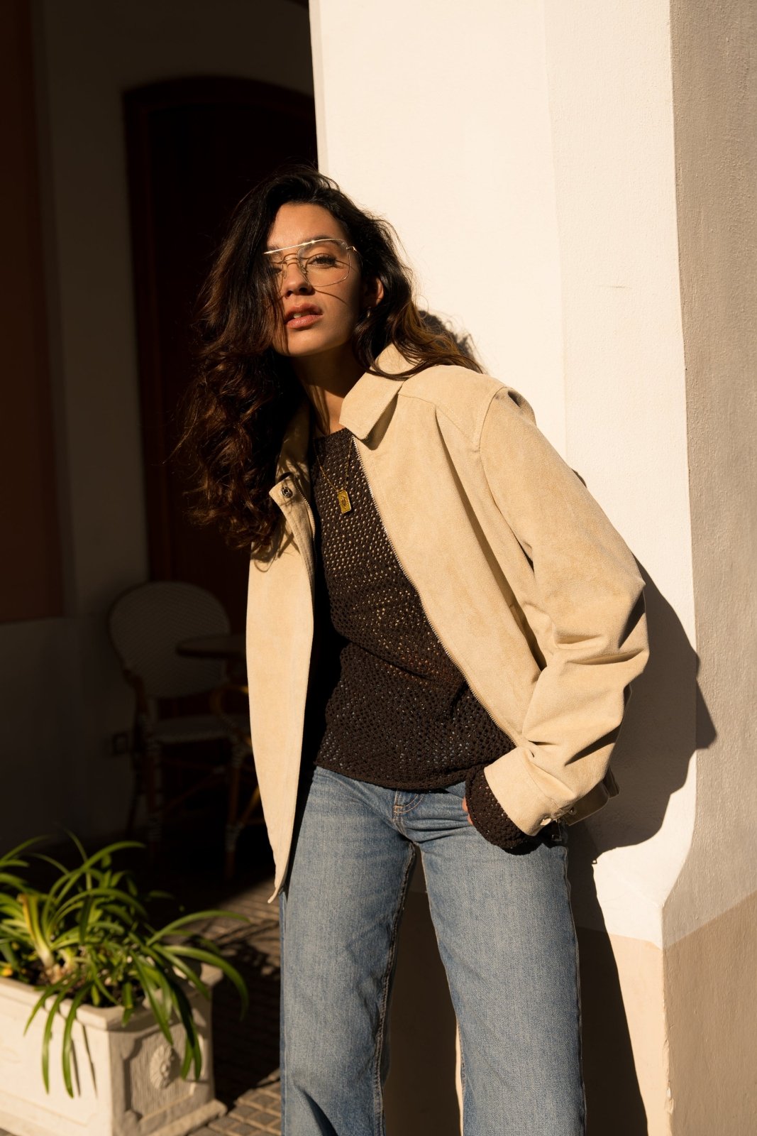 ROSERA - Veste Beige - Escandelle (Vue de face - portrait - veste zip ouvert) 
#couleur_beige