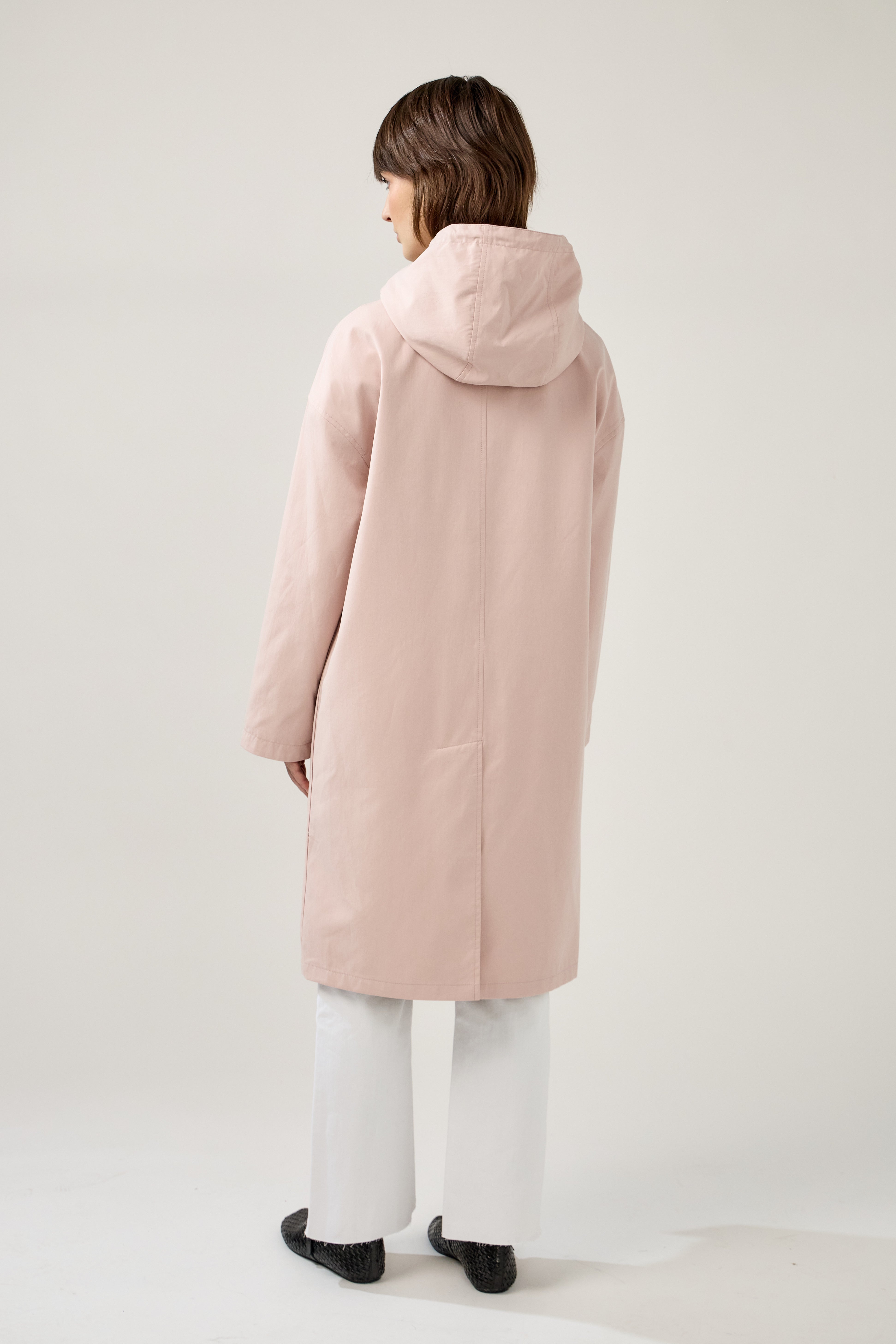 Veste longue réversible et imperméable, capuche à cordon et fermeture à boutons, poches raglans, matière déperlante, mi-saison, dos
#couleur_rose