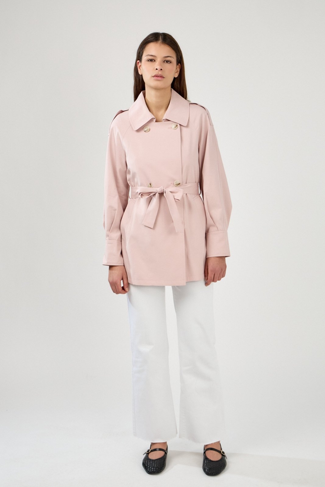 OVELINA - Trench Rose - Escandelle (Vue de face - silhouette entière) 
#couleur_rose