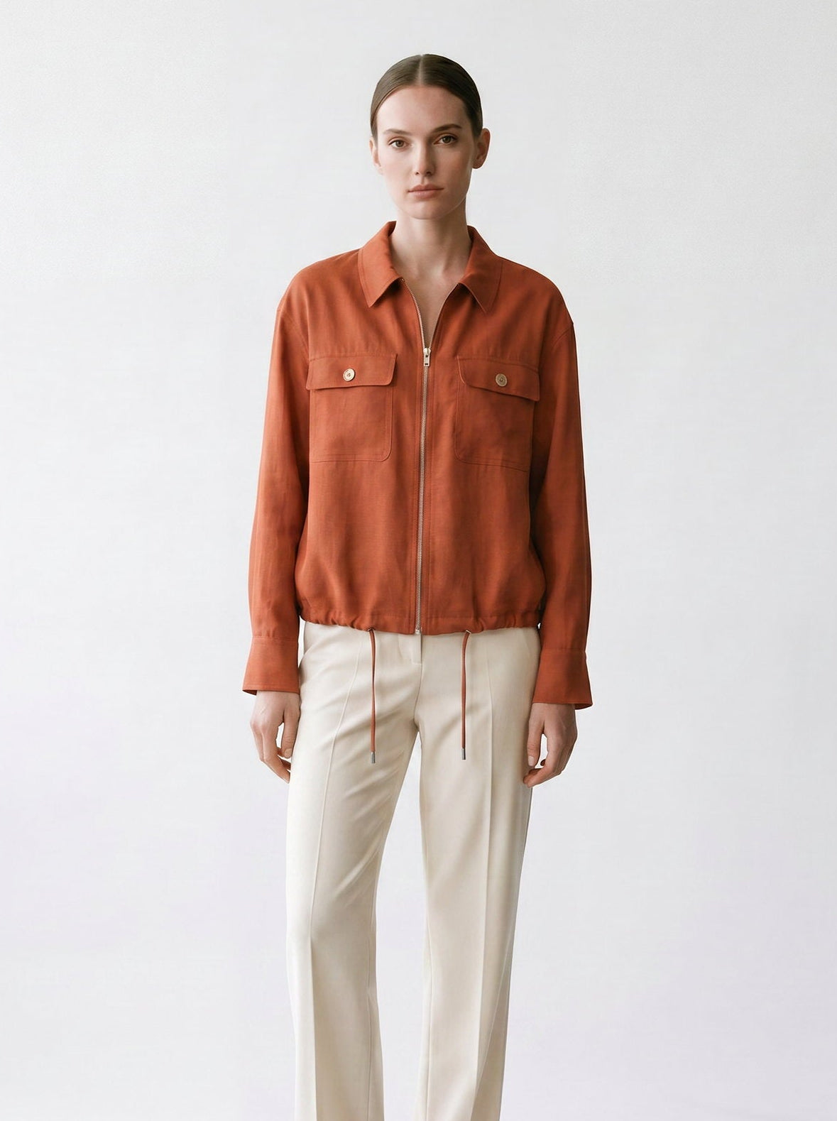 Veste à cordons - Brique - Col français - poches - fermeture à glissière - EscandelleParis - Devant
#couleur_brique