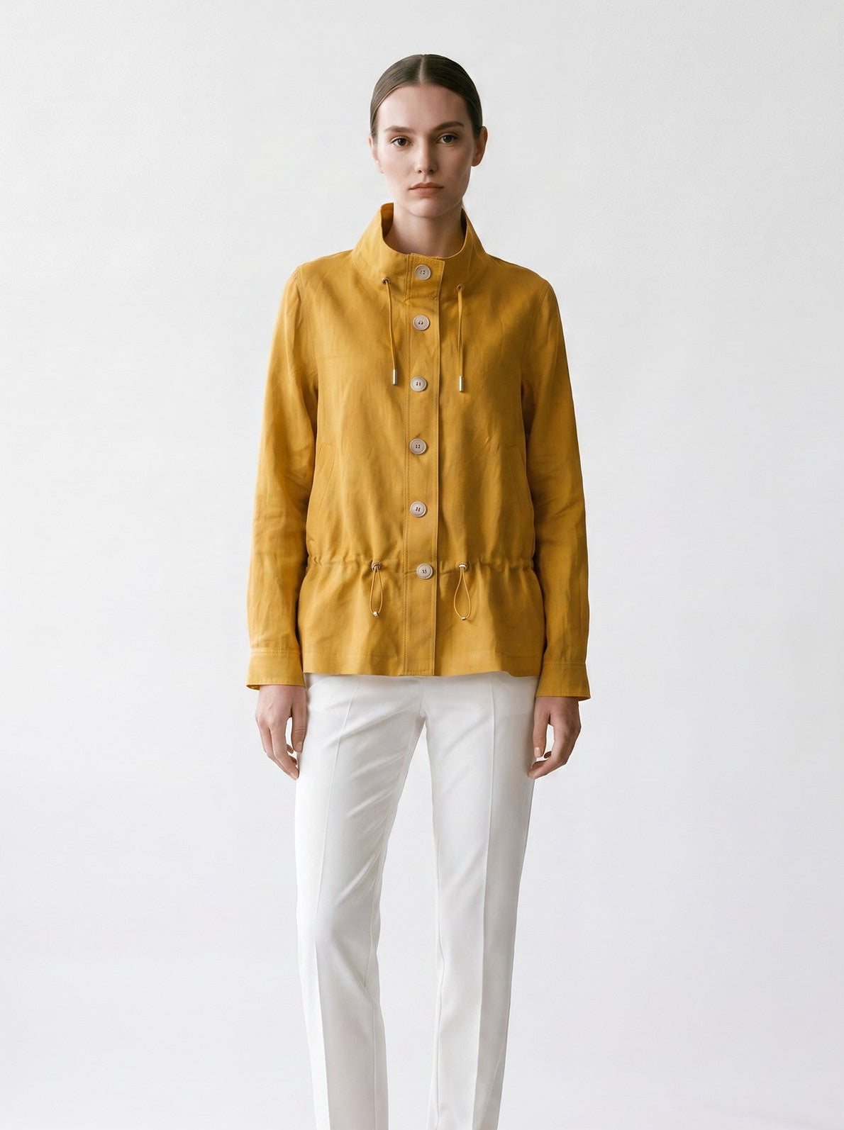Veste longue à élastique et cordons - col montant - EscandelleParis - Safran - Devant
#couleur_safran
