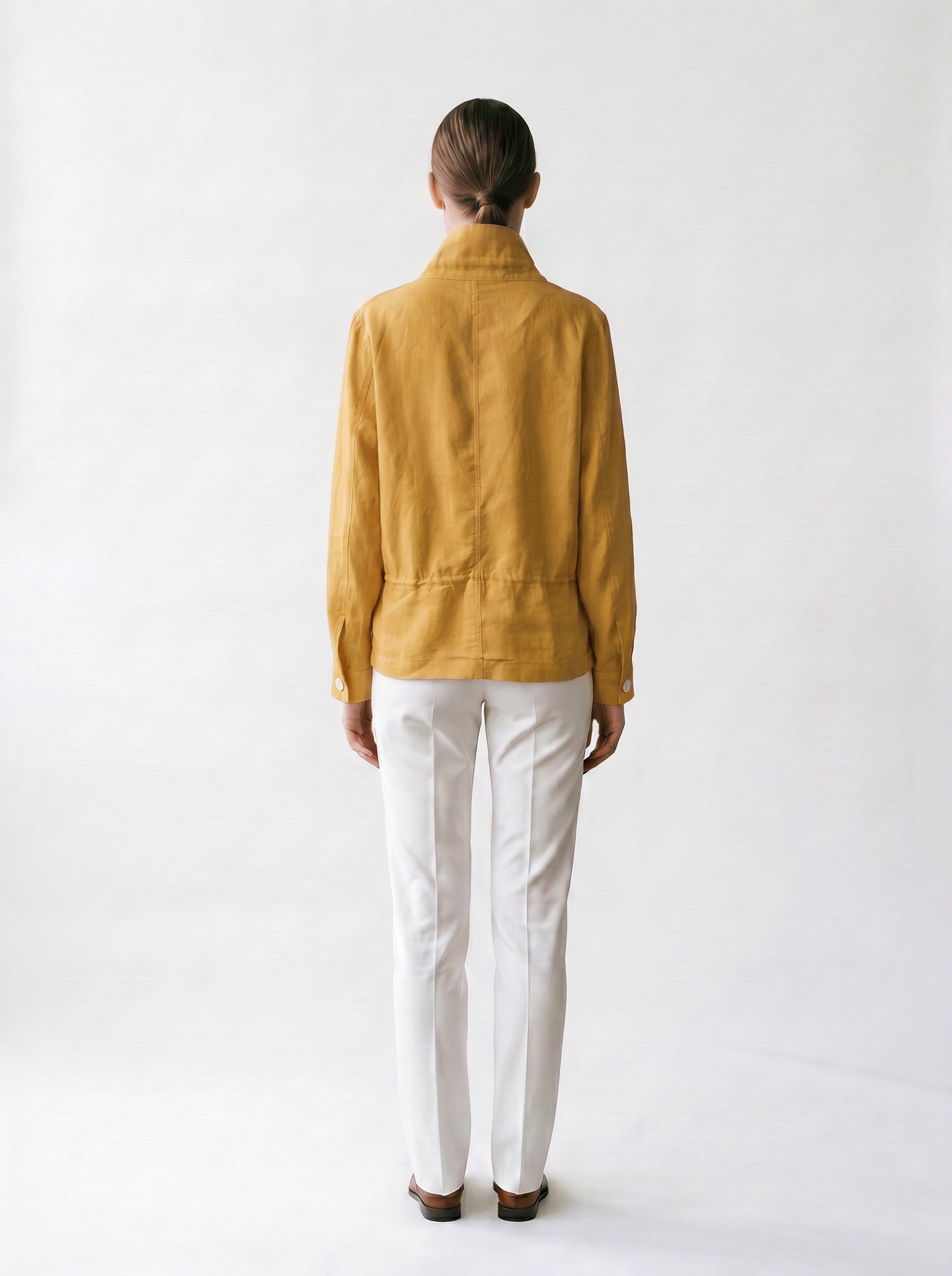 Veste longue à élastique et cordons - col montant - EscandelleParis - Safran - Dos
#couleur_safran
