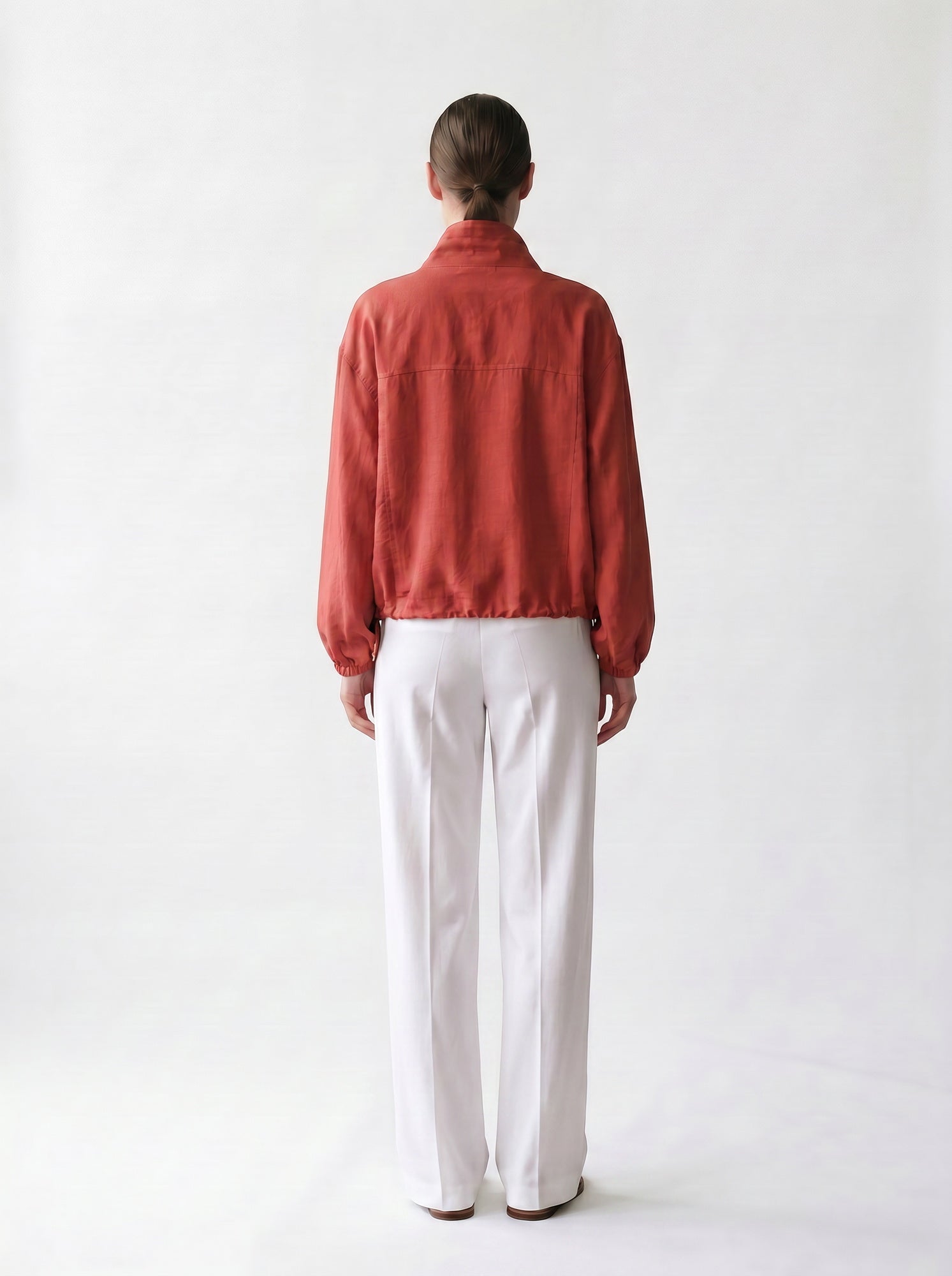 Veste en lin - col montant - découpe devant - poches - élastique poignets -EscandelleParis - Brique - Dos
#couleur_brique