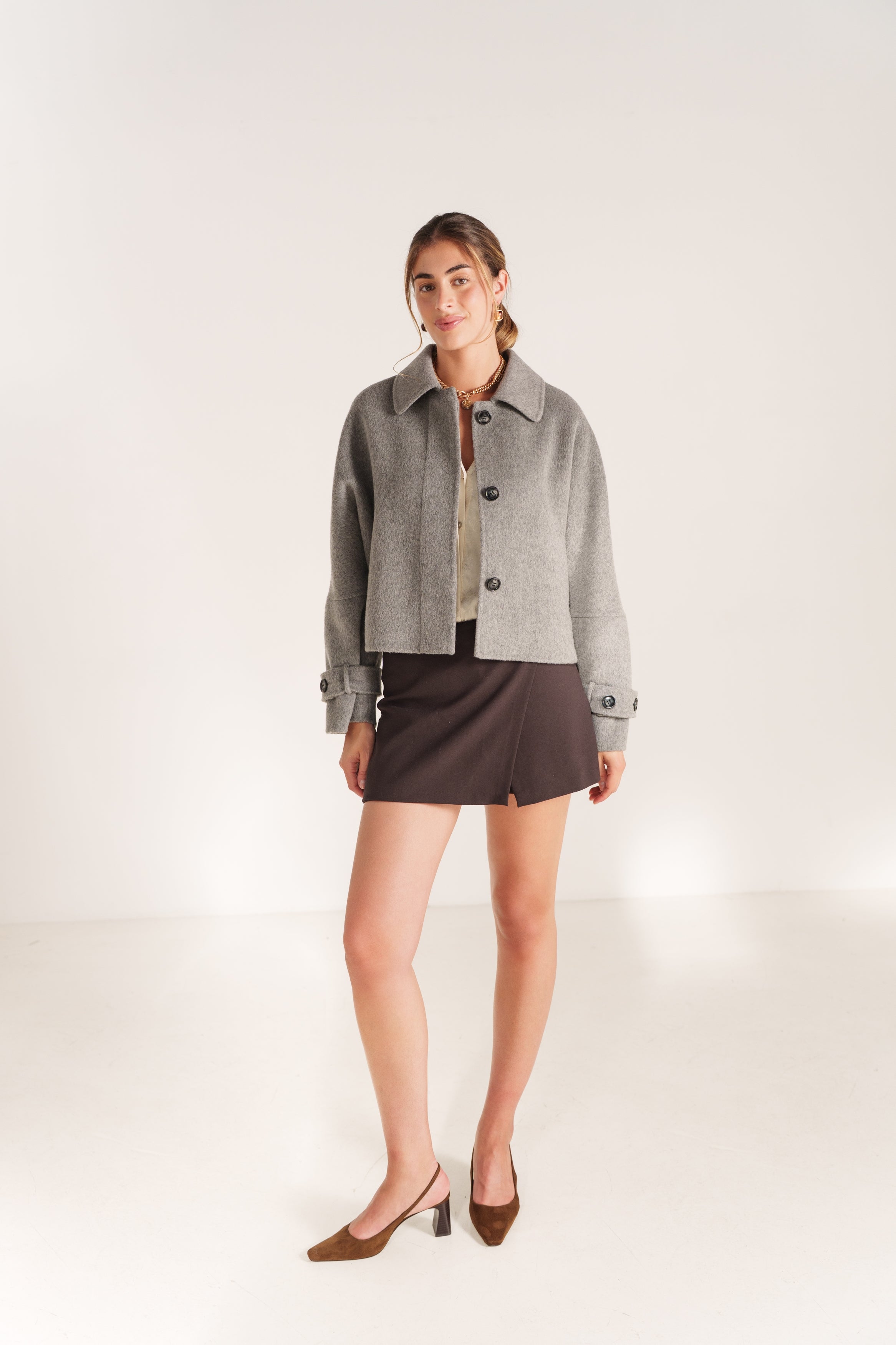 CECILE veste courte laine bomber zippé gris femme - Escandelle Paris (silhouette entière)
#couleur_gris