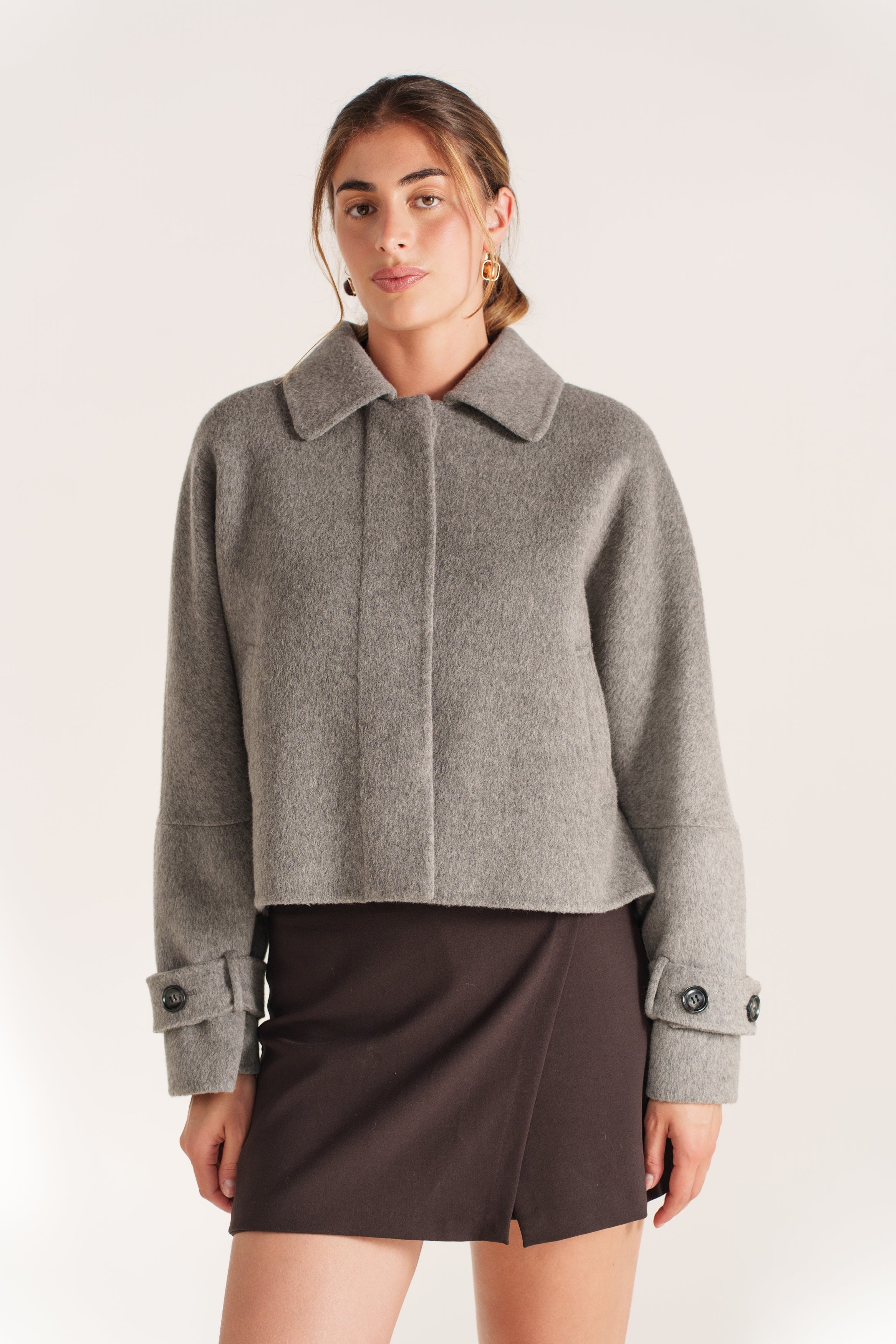 CECILE veste courte laine bomber zippé gris femme - Escandelle Paris (portrait)
#couleur_gris