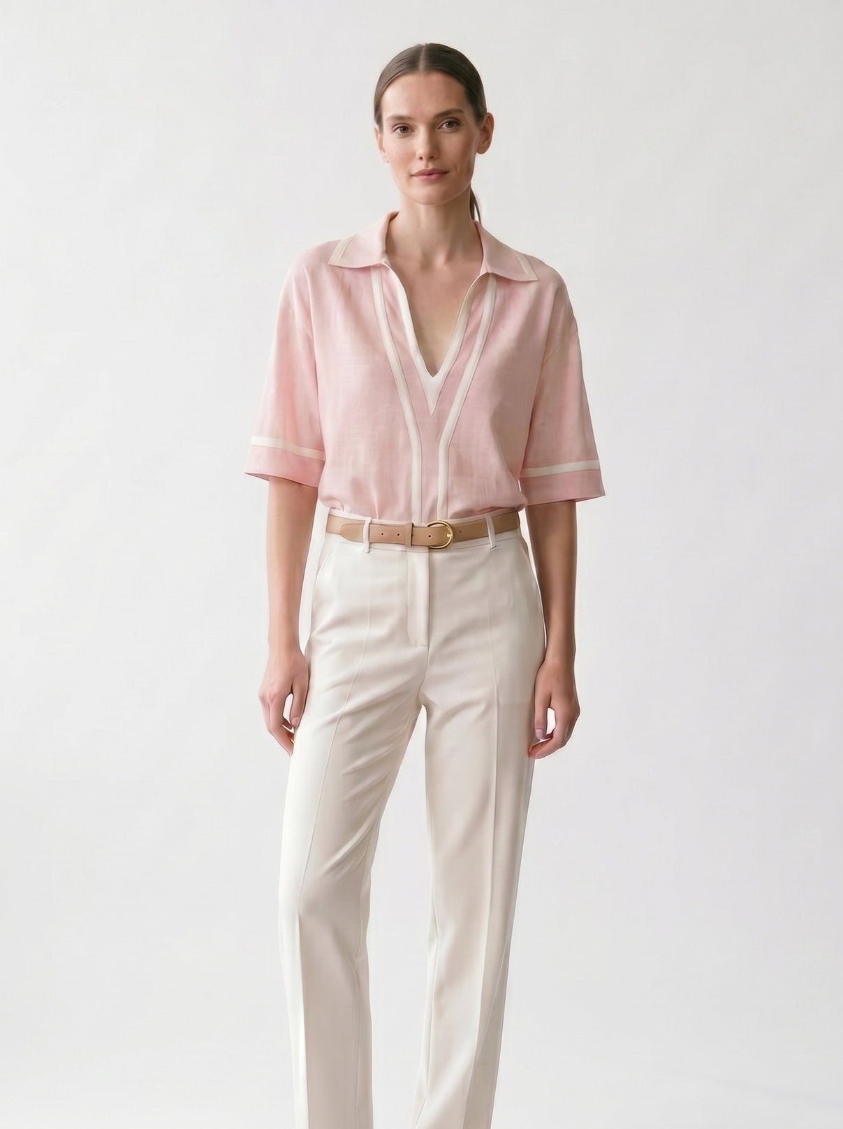 Blouse bicolore - Empiècement et Pli - Manches 3/4 - EscandelleParis - Rose & Blanc - Devant
#couleur_rose