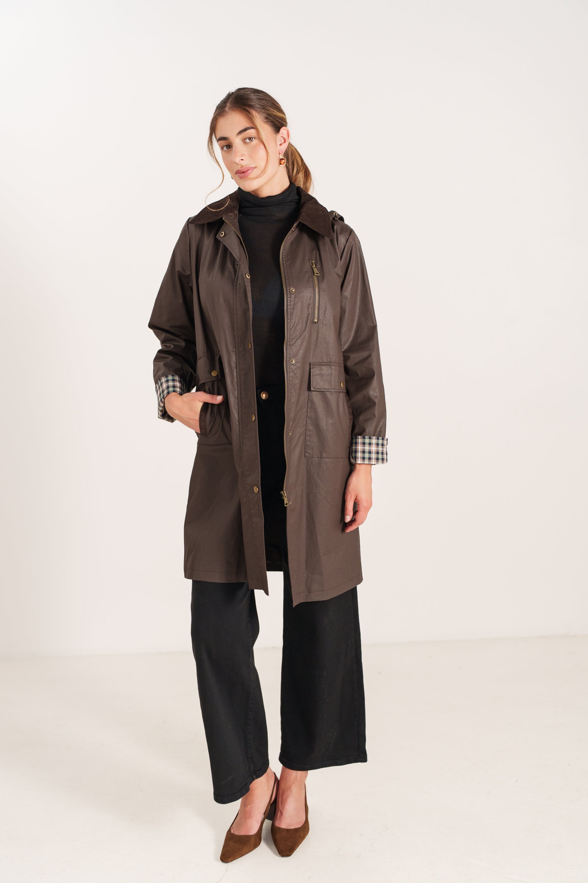 ANAEL veste longue coton bi-matière carreaux poches choco femme - Escandelle Paris (portrait)
#couleur_choco