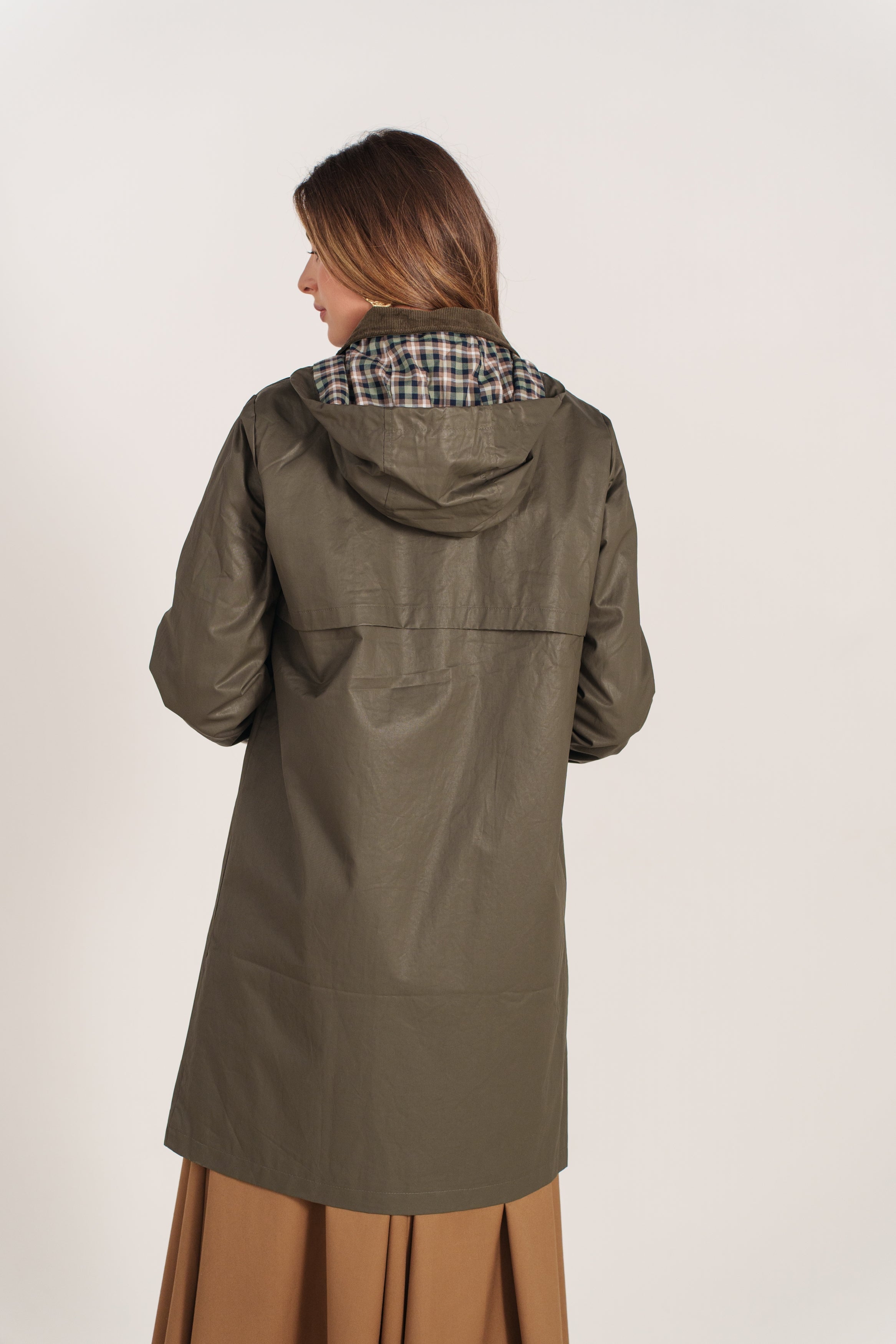 ANAEL veste longue coton bi-matière carreaux poches kaki femme - Escandelle Paris (dos)
#couleur_kaki