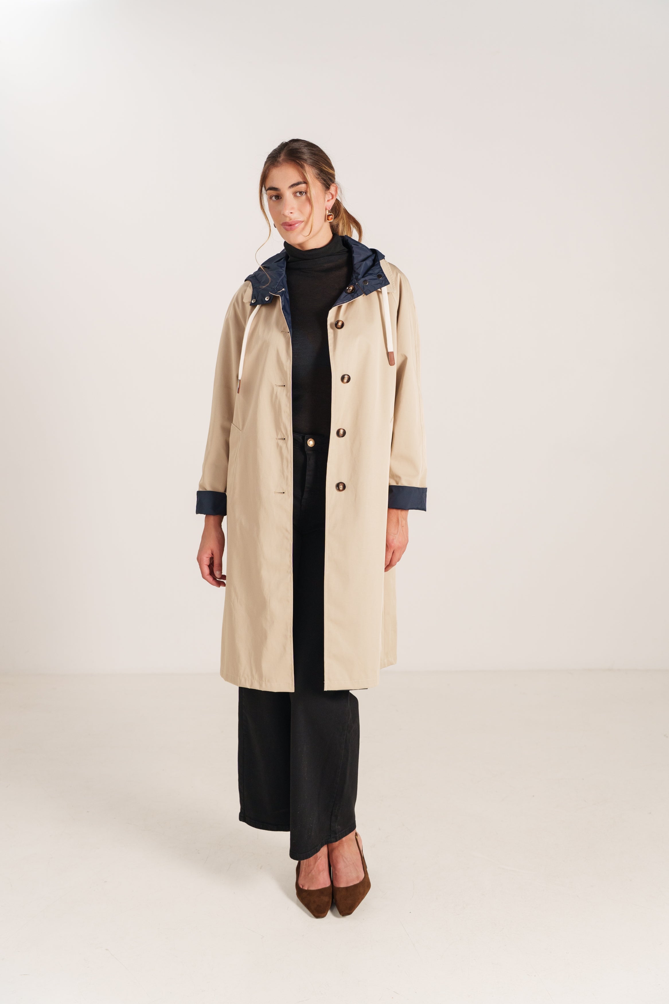 VENUS parka longue coton imperméable réversible marine femme - Escandelle Paris (silhouette entière)
#couleur_marine