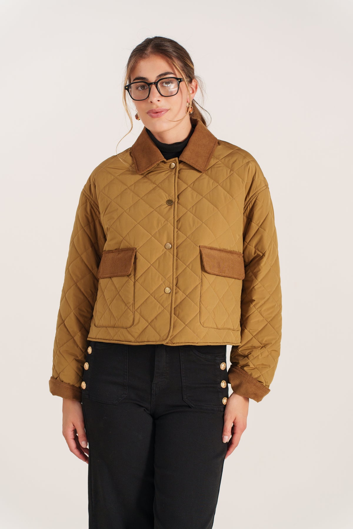 LIANNE blouson court matelassé col velours côtelé camel femme - Escandelle Paris (portrait)
#couleur_camel