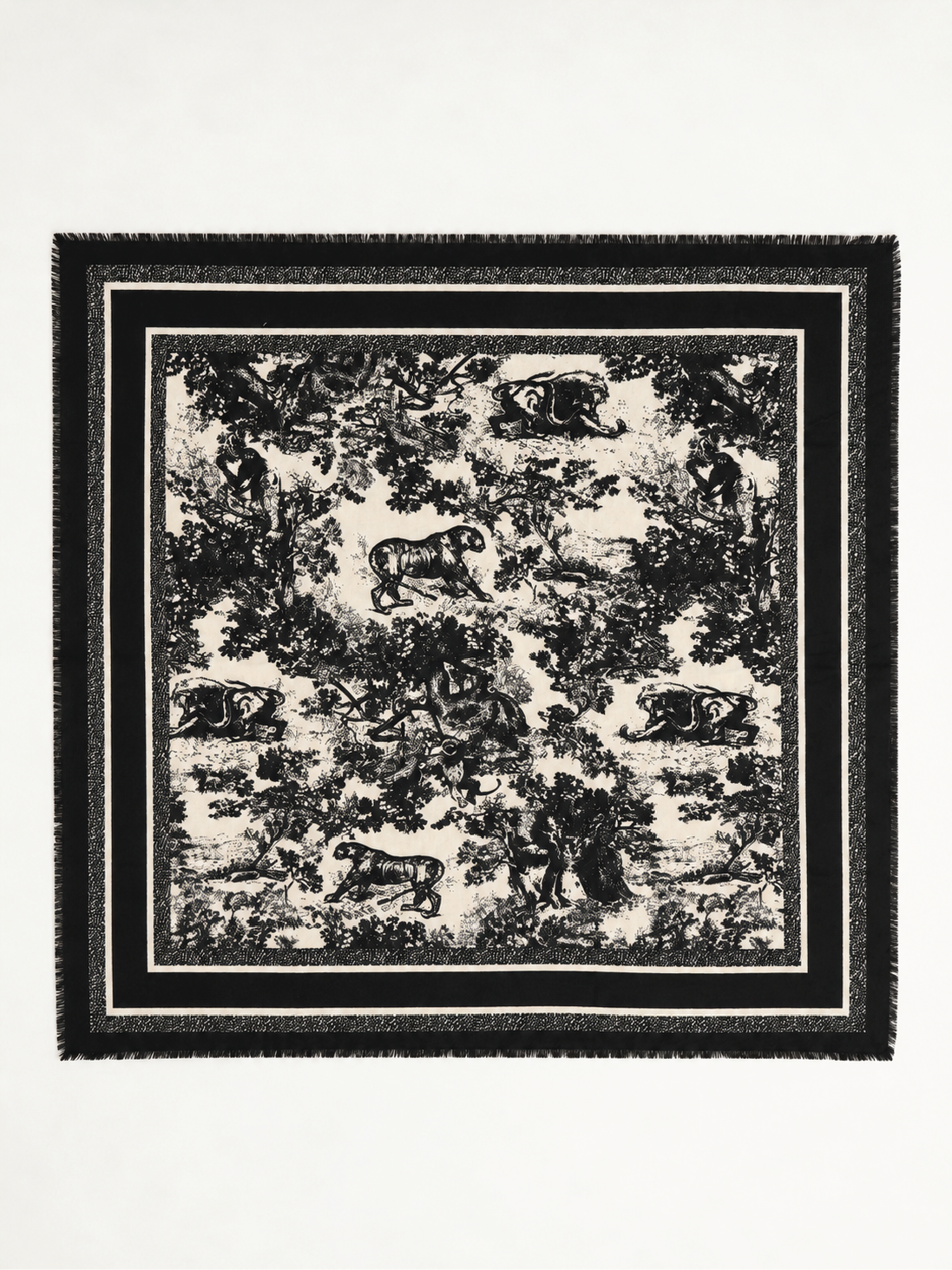 DIANA écharpe carrée viscose laine imprimé jungle franges 110x110 noir femme - Escandelle Paris (à plat)
#couleur_noir