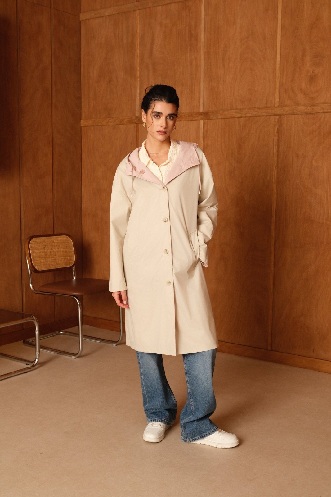 MIRELLE - Parka Rose - Escandelle Vue de face - silhouette entière - côté réversible imperméable) 
#couleur_rose