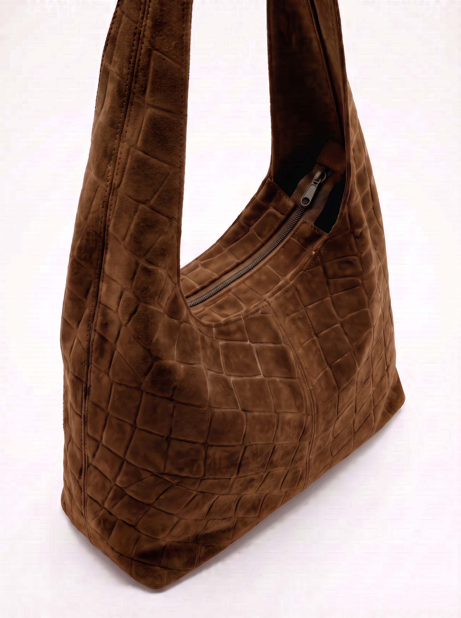 CLARA sac hobo cuir suédé gaufré croco porté épaule camel femme - Escandelle Paris (profil coté)
#couleur_camel
