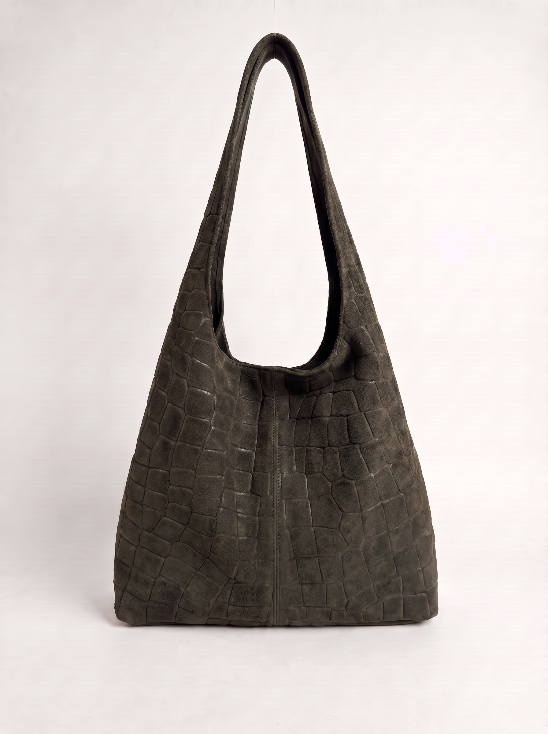 CLARA sac hobo cuir suédé gaufré croco porté épaule kaki femme - Escandelle Paris (face)
#couleur_kaki