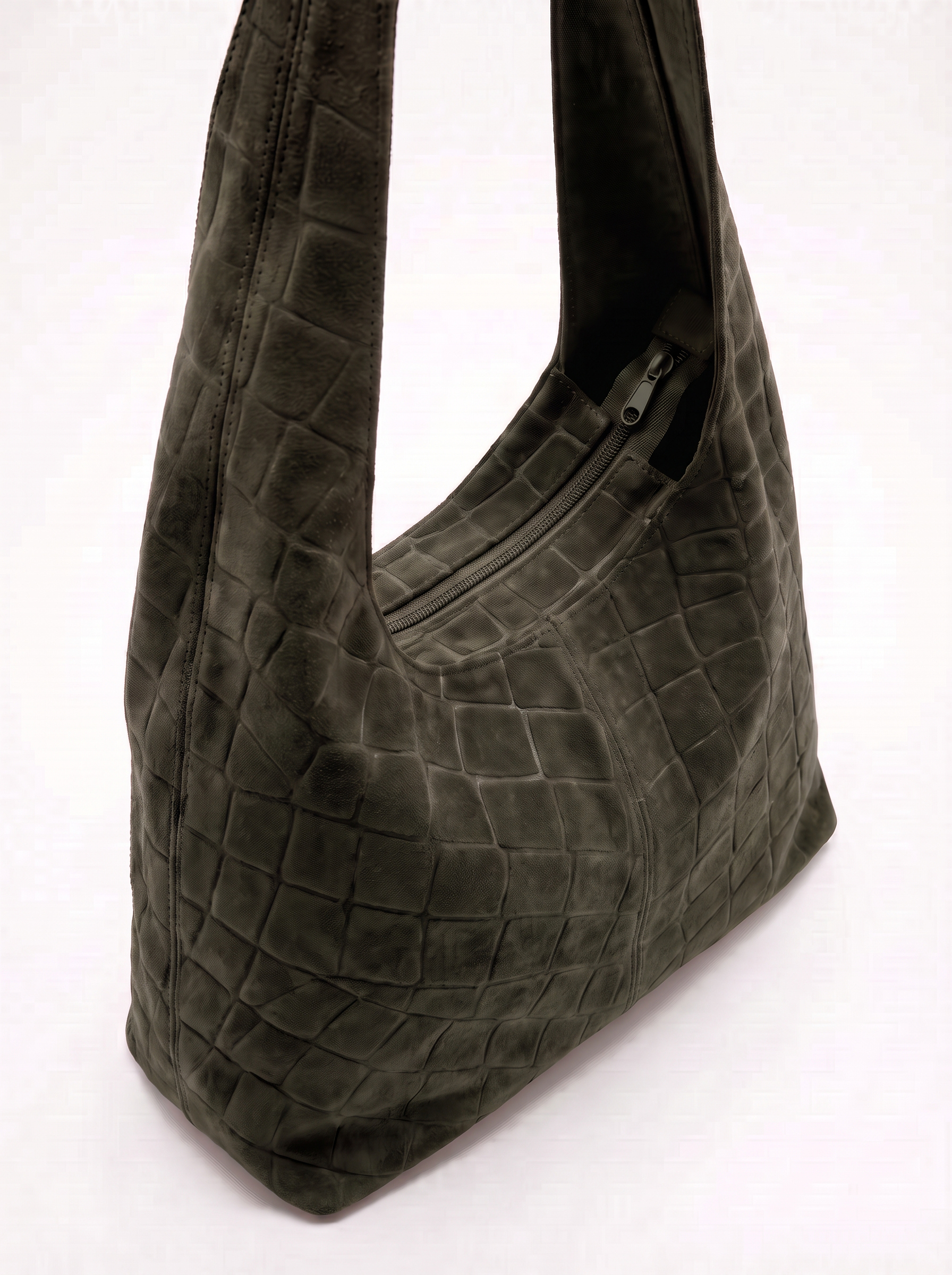 CLARA sac hobo cuir suédé gaufré croco porté épaule kaki femme - Escandelle Paris (silhouette entière)
#couleur_kaki