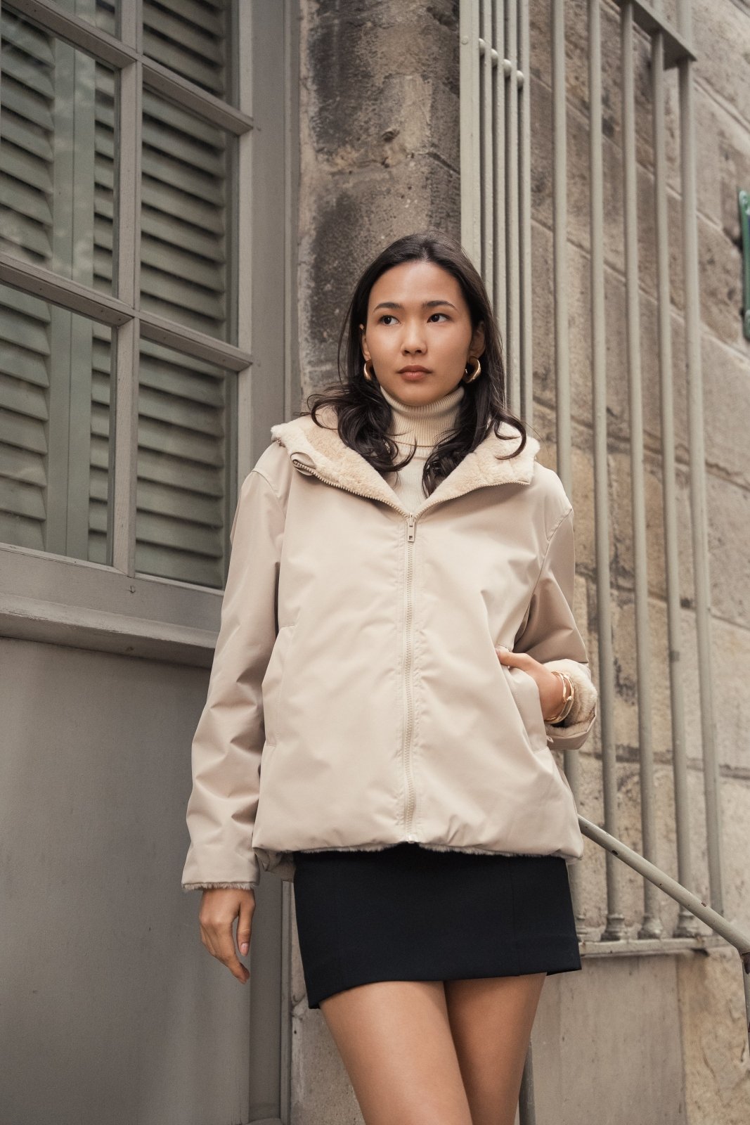 AELIS parka courte réversible fausse fourrure beige femme - Escandelle Paris (portrait)
#couleur_beige