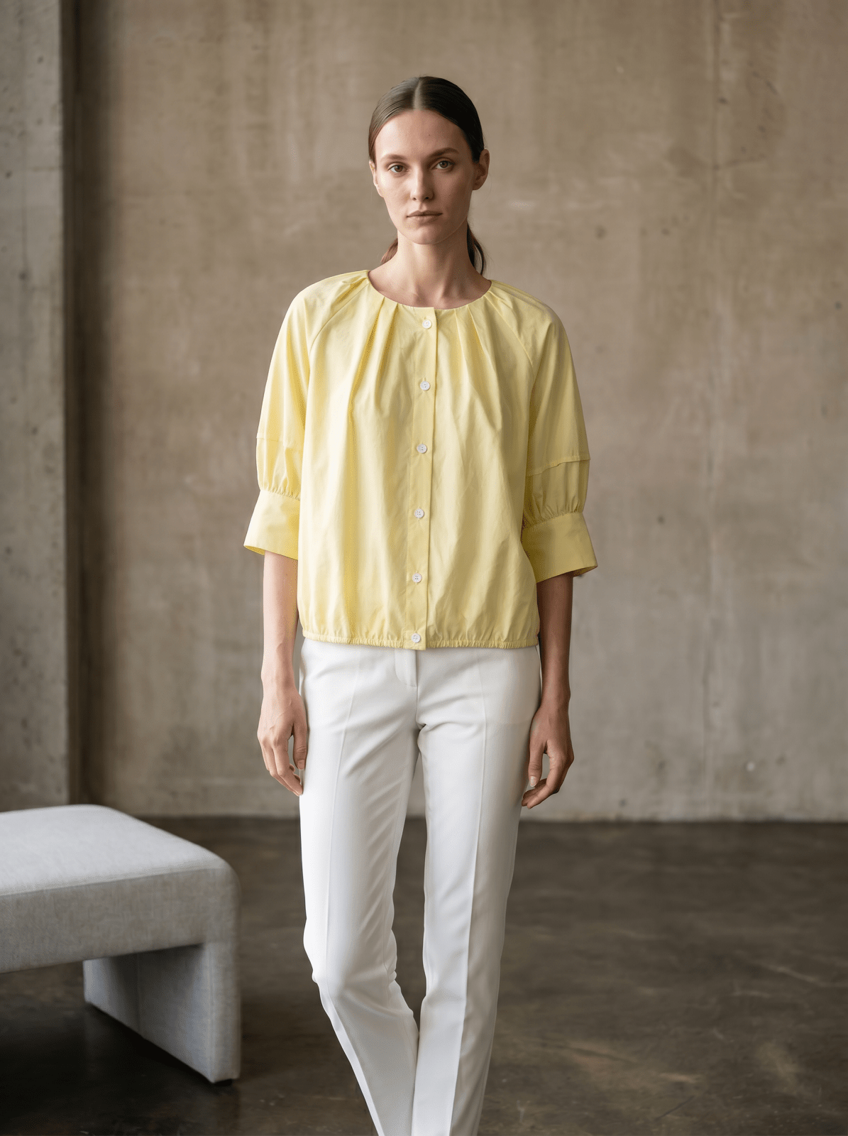 DESIRÉE chemise coton froncée jaune femme - Escandelle Paris (silhouette entière)
#couleur_jaune