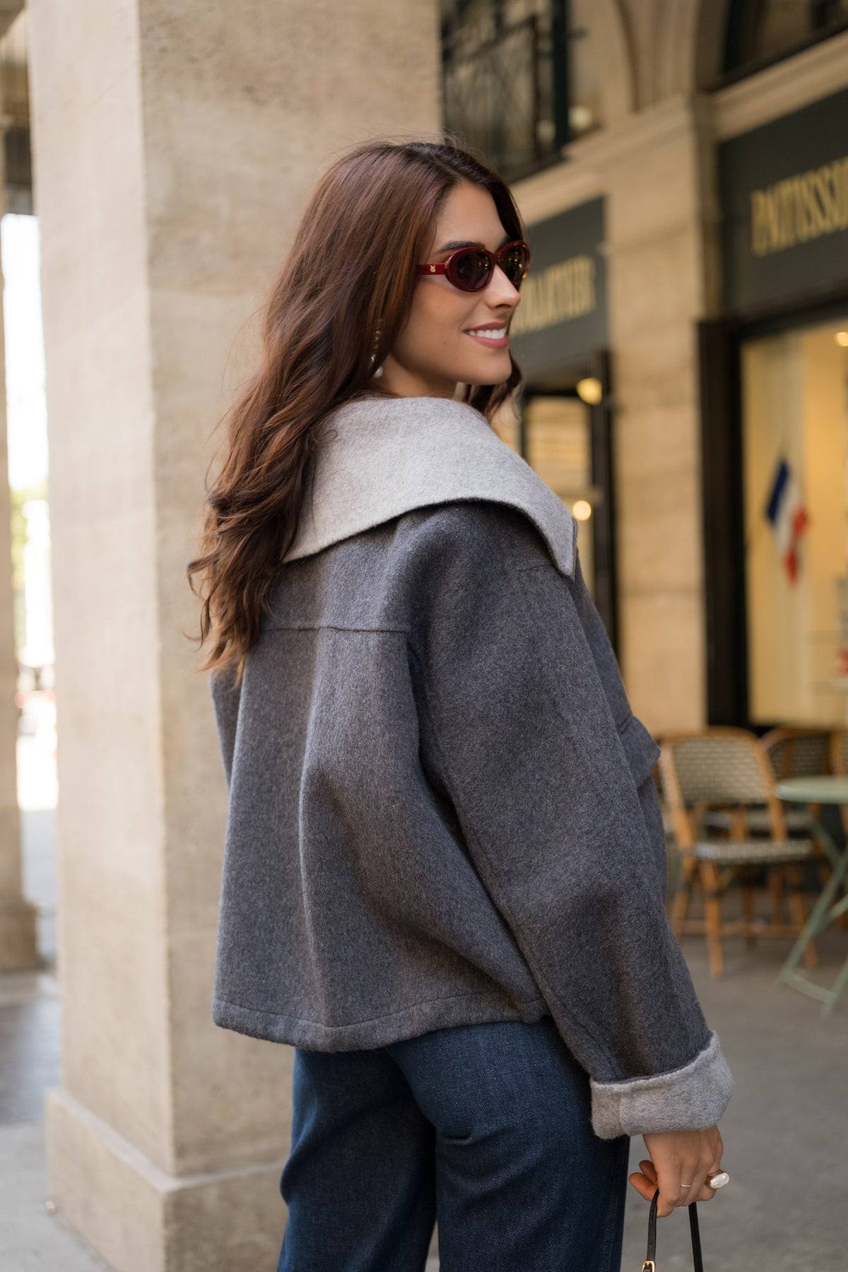 EUGENIA blouson court laine grand col contrasté zippé gris femme - Escandelle Paris (profil droit)
#couleur_gris