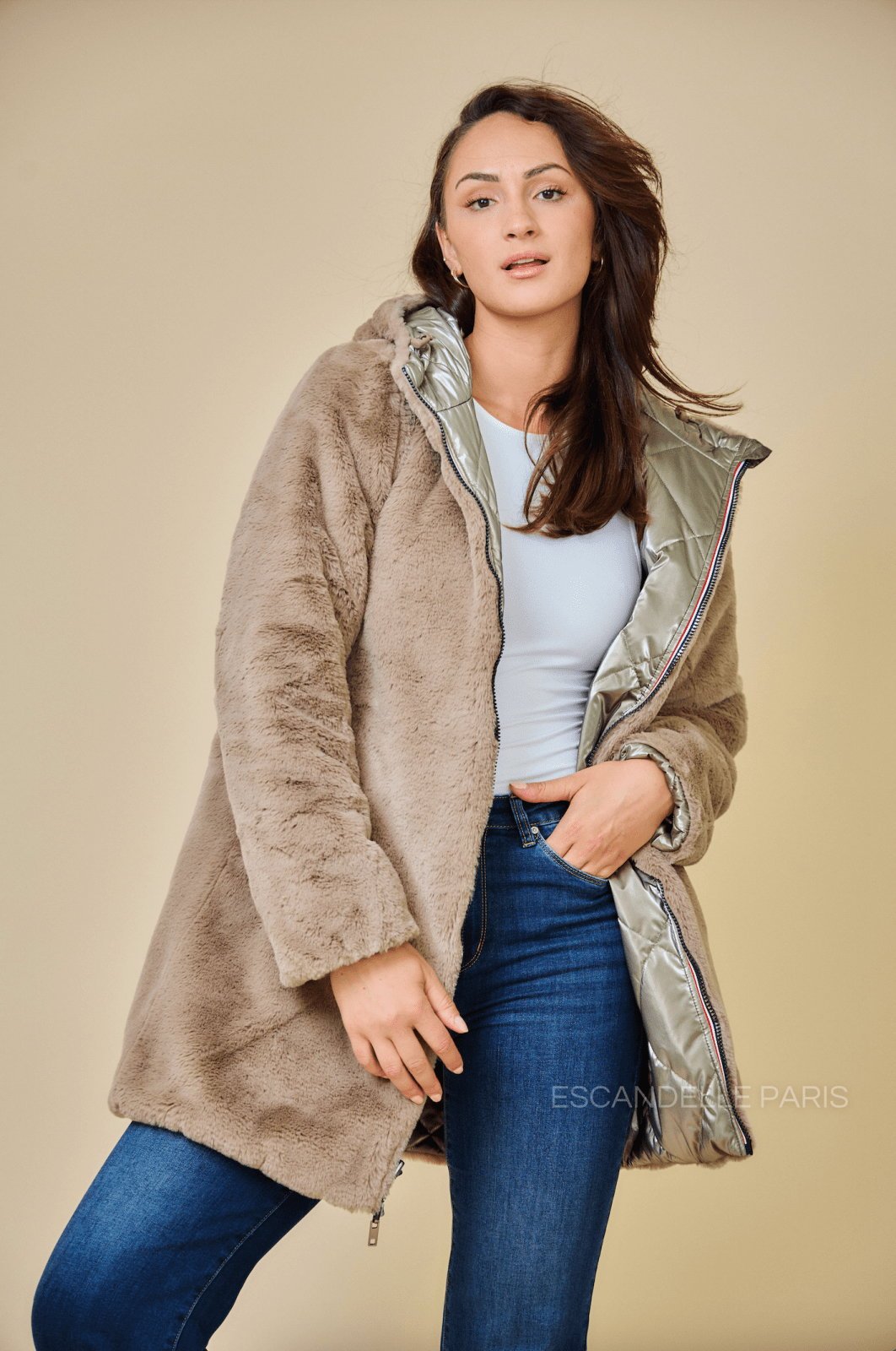 GEMMA parka longue réversible fourrée bronze femme - Escandelle Paris (côté fourrée)
#couleur_bronze