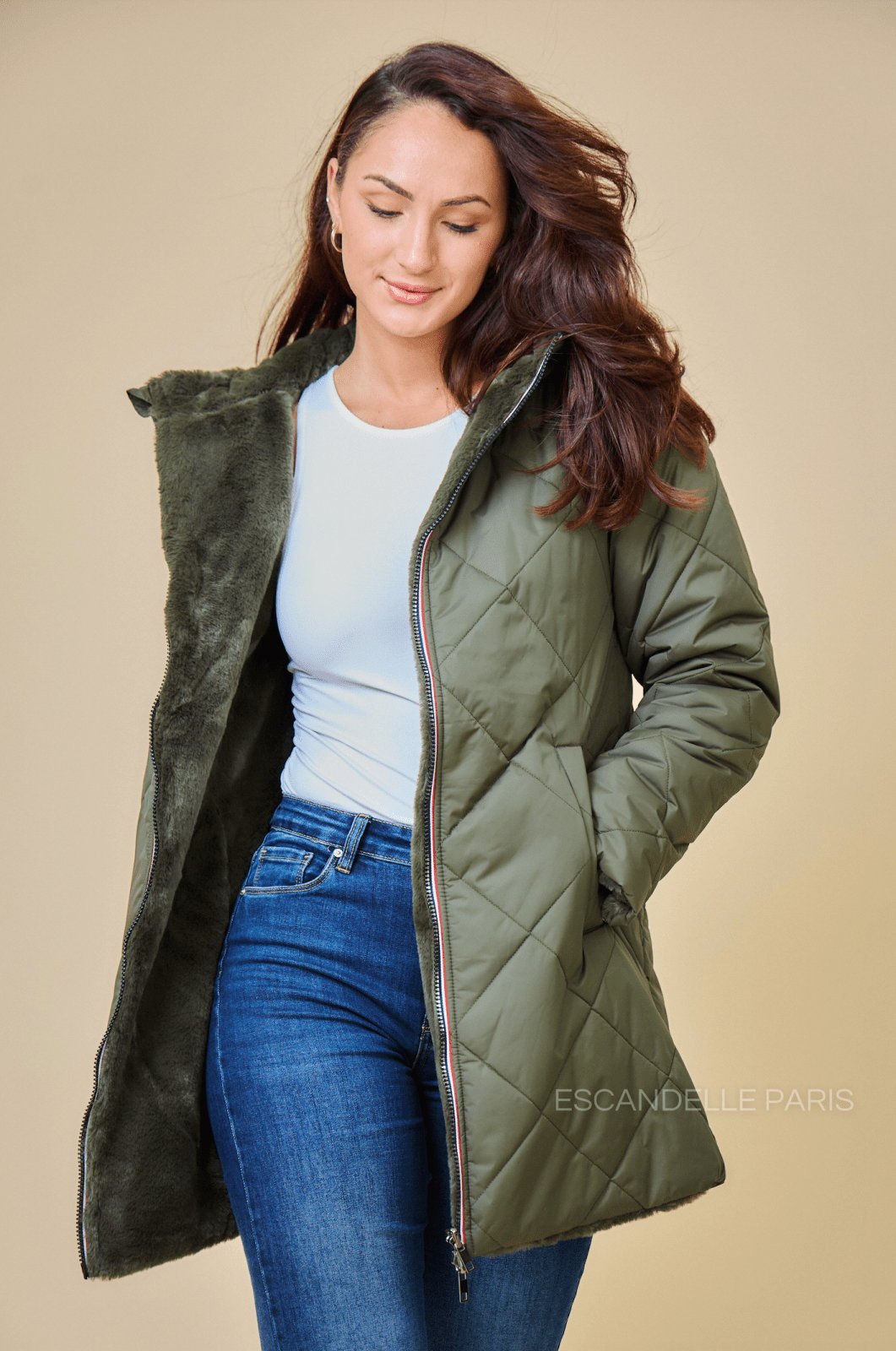 GEMMA parka longue réversible imperméable kaki femme - Escandelle Paris (côté imperméable)
#couleur_kaki