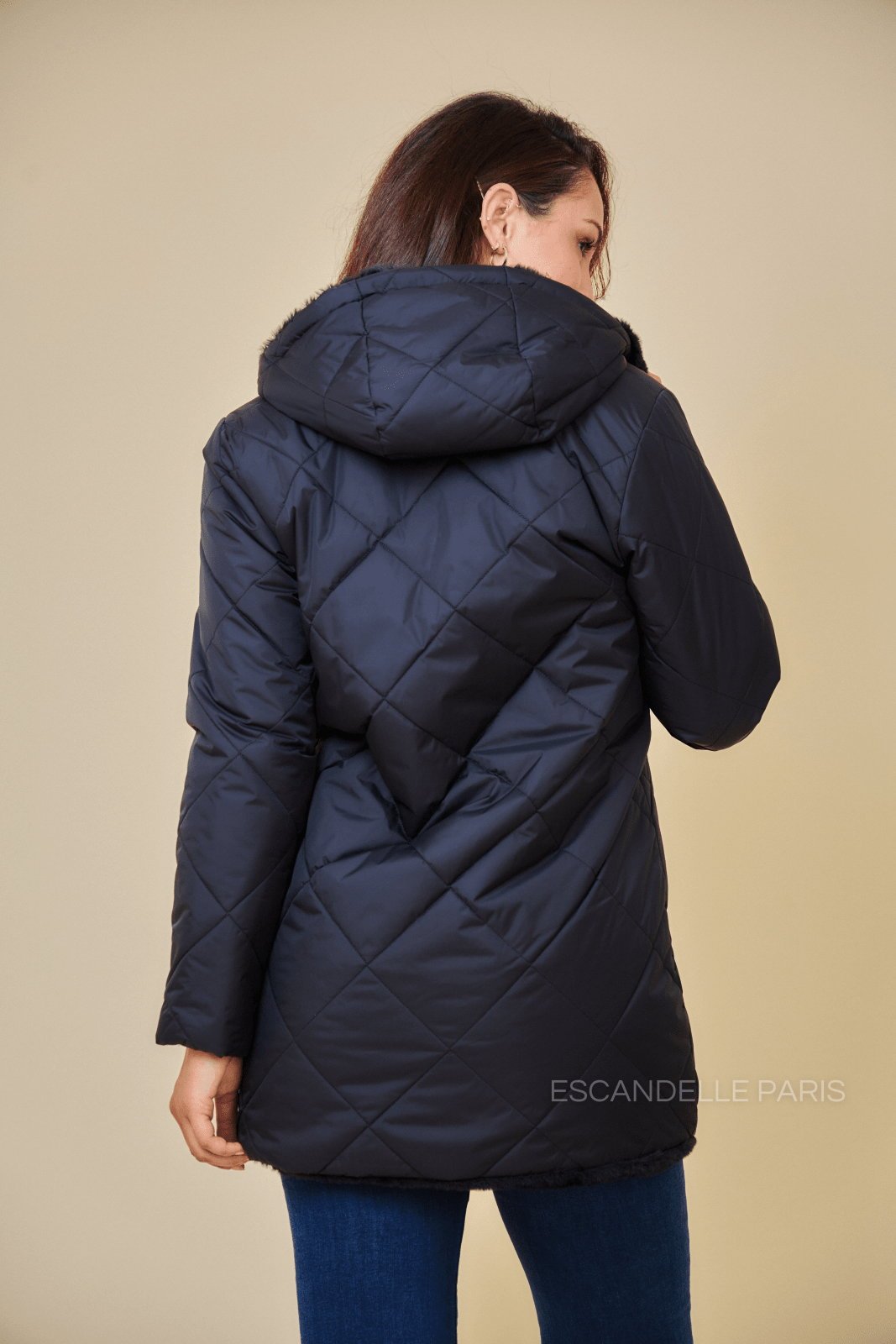 GEMMA parka longue réversible fourrée noir femme - Escandelle Paris (vue de dos)
#couleur_noir